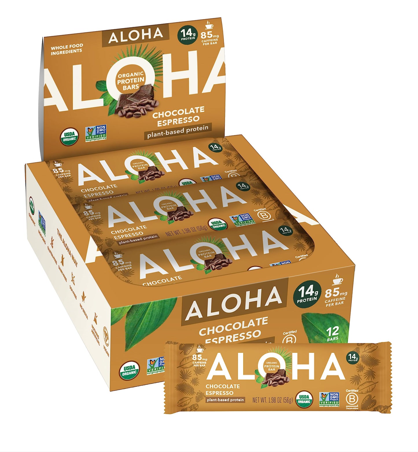 ALOHA Organic Plant Based Protein Bars - Chocolate Espresso, Vegan, Gluten-Free, Low Sugar, 12 Bars, 1.98 oz per Bar