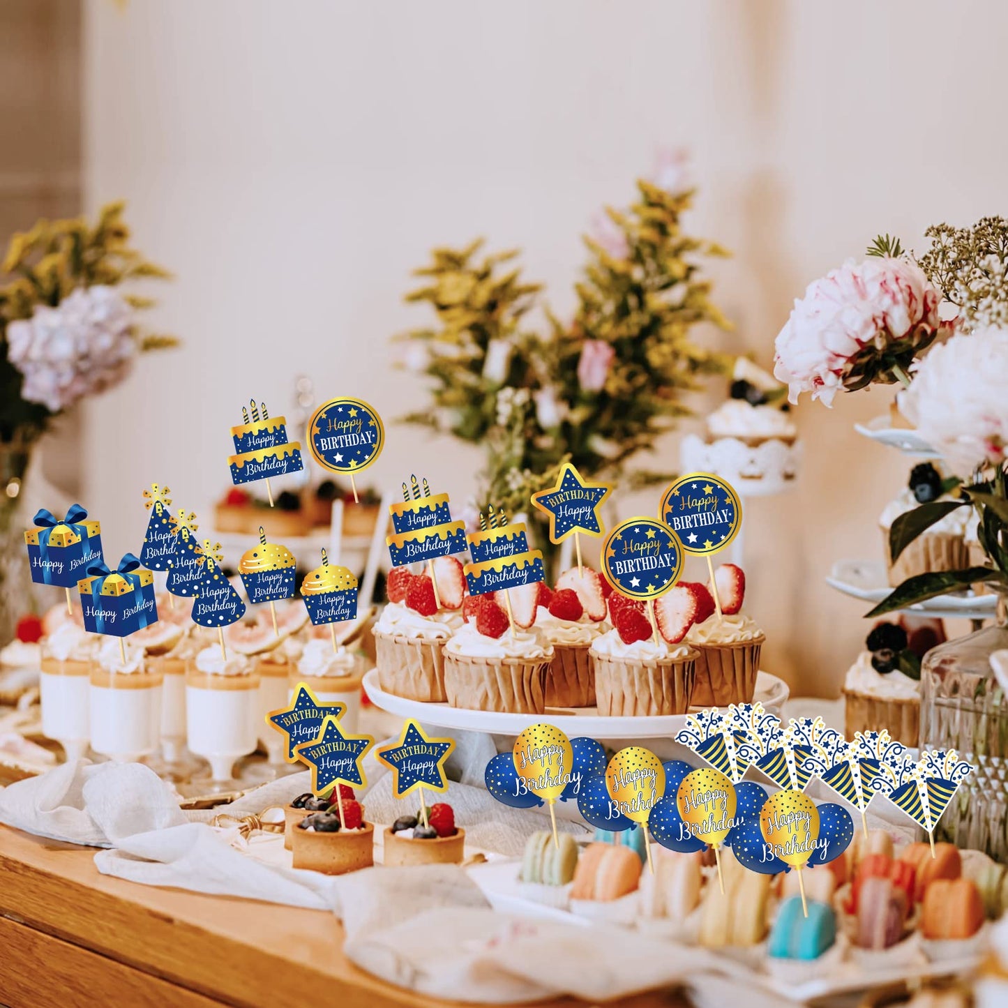 Lnlofen 48Pcs Happy Birthday Cake Toppers Decorations For Boys Men, Blue Gold Birthday Cupcake Toppers, 16Th 21St 30Th 40Th 50Th