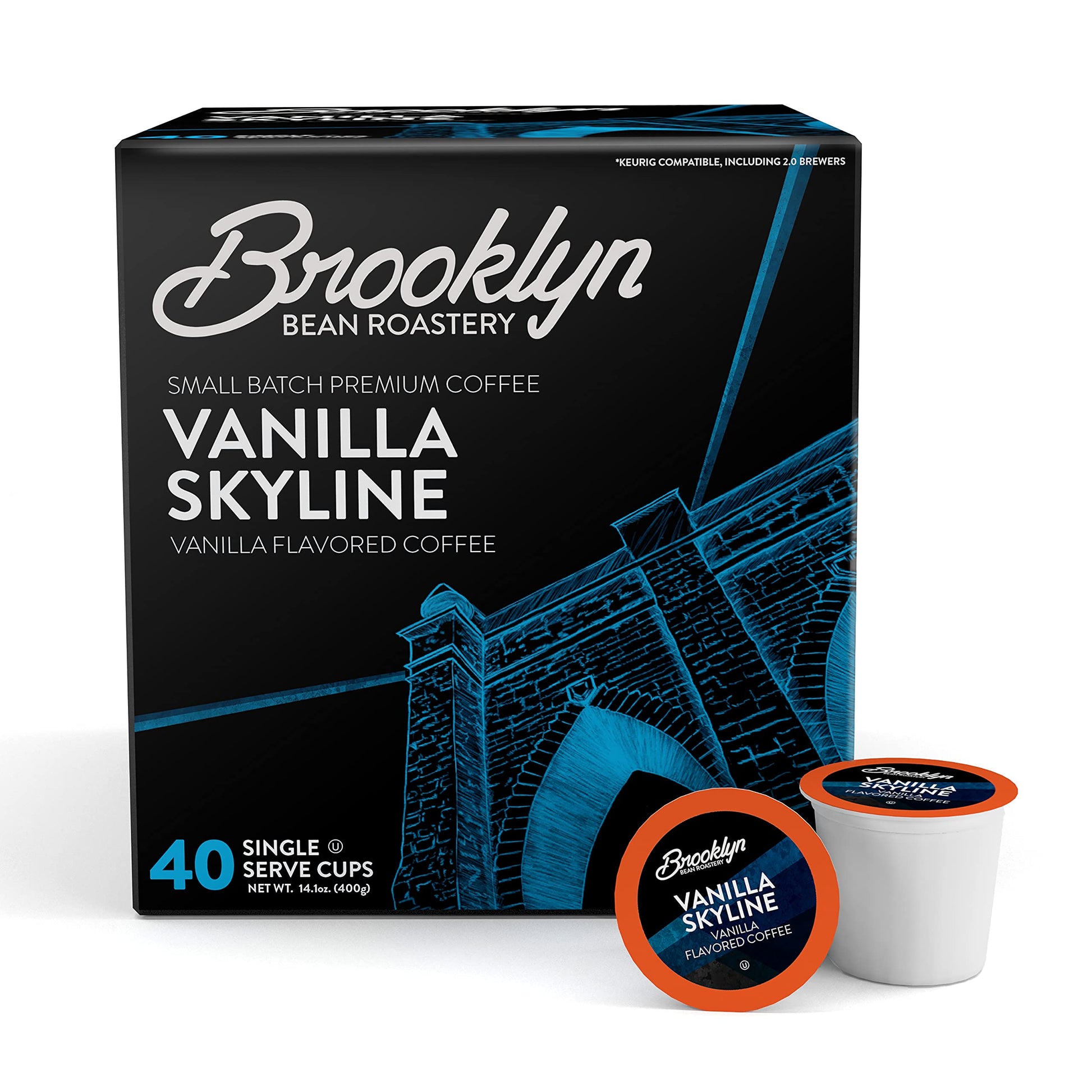 Brooklyn Beans Vanilla Skyline Gourmet Coffee Pods, 40 Count, Compatible with 2.0 Keurig K Cup Brewers, Model BB VS40