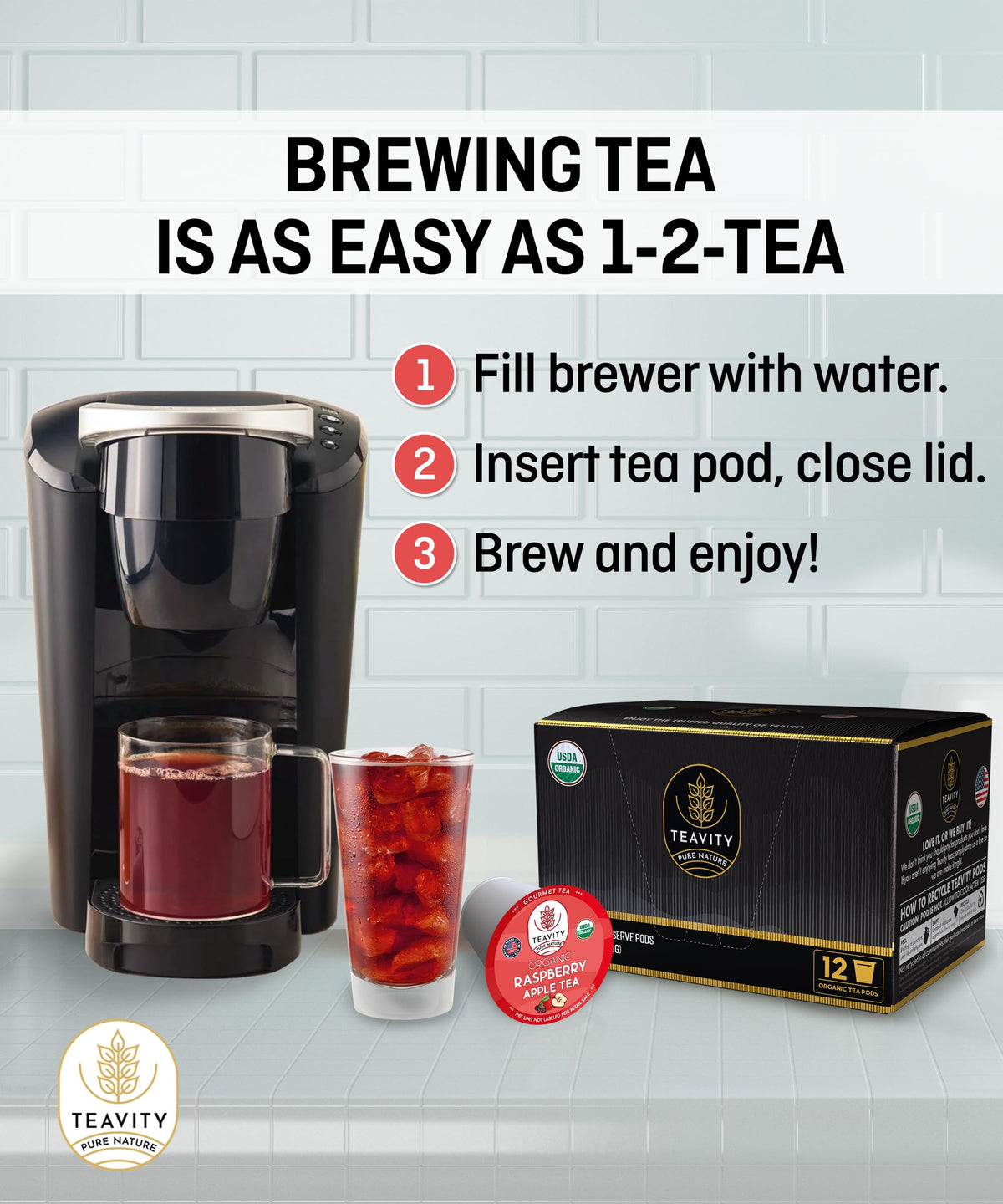 Organic Raspberry Apple Black Tea Pods For Keurig - Naturally Caffeinated Fruit Tea By Teavity (36 Tea Pods)