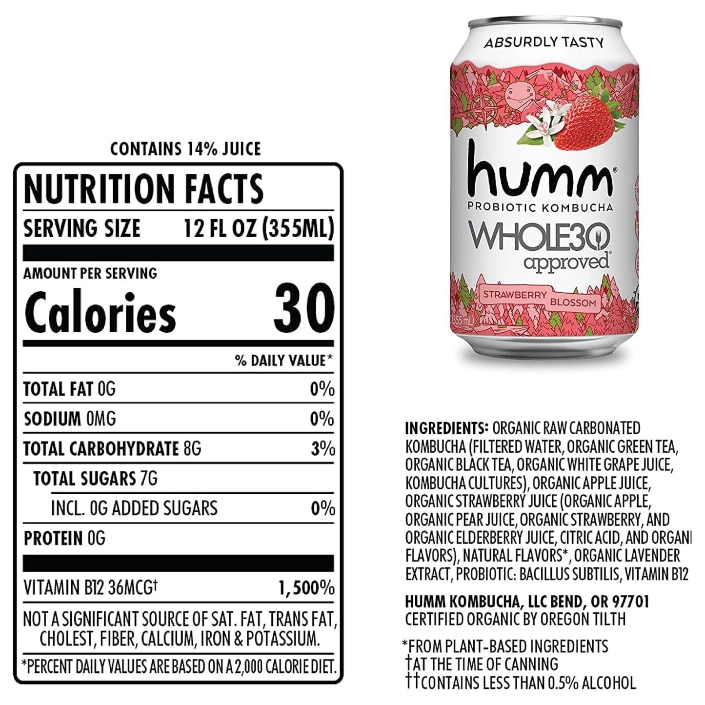 Humm Whole30 Approved Kombucha, Strawberry Blossom, Organic, Vegan & GMO Free (12 Pack)