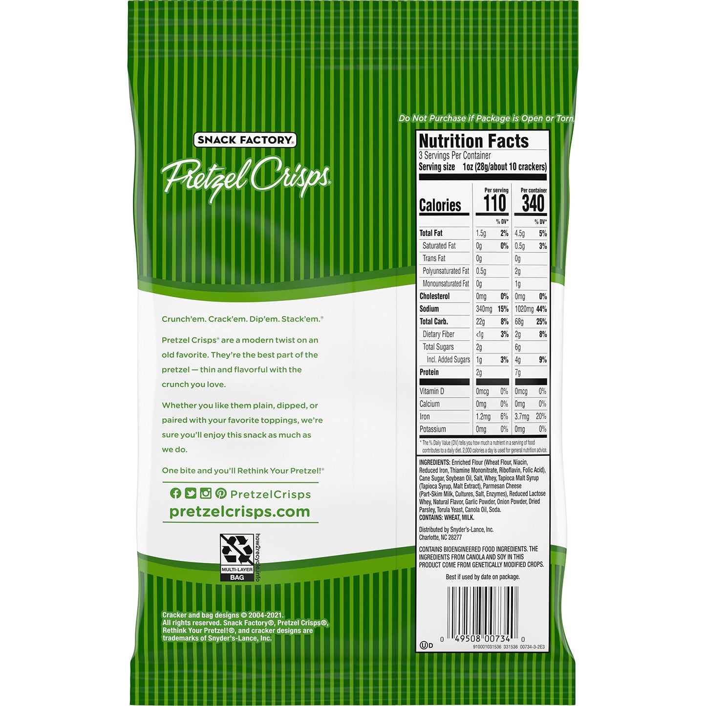 Snack Factory Pretzel Crisps, Garlic Parmesan, On-the-Go Bag, 3 Oz