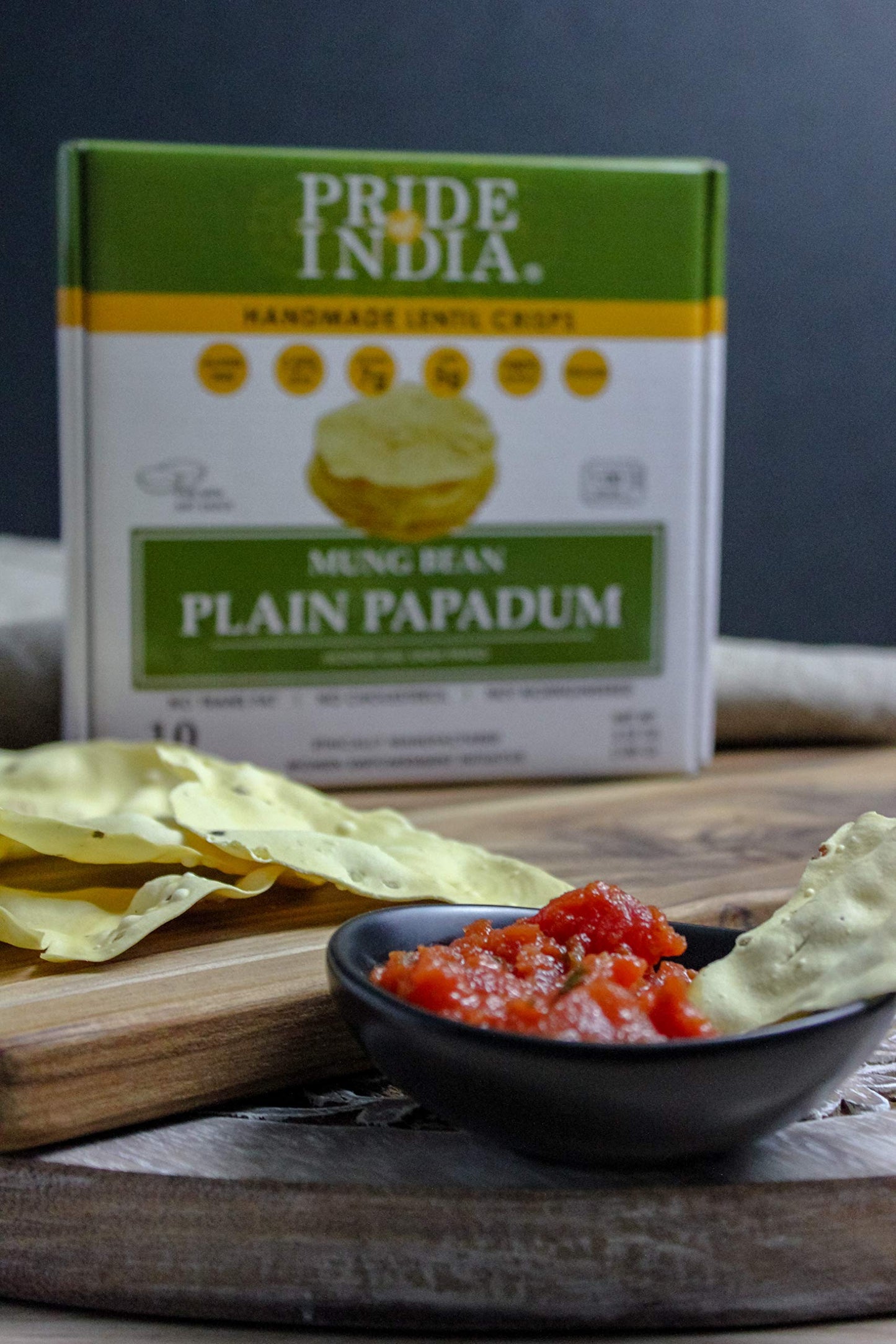 Pride Of India - Mung Bean Plain Papadum Lentil Crisp, 10 count (3.53oz - 100gm) - Plant Based Protein Snack, Gluten-Free Vegan