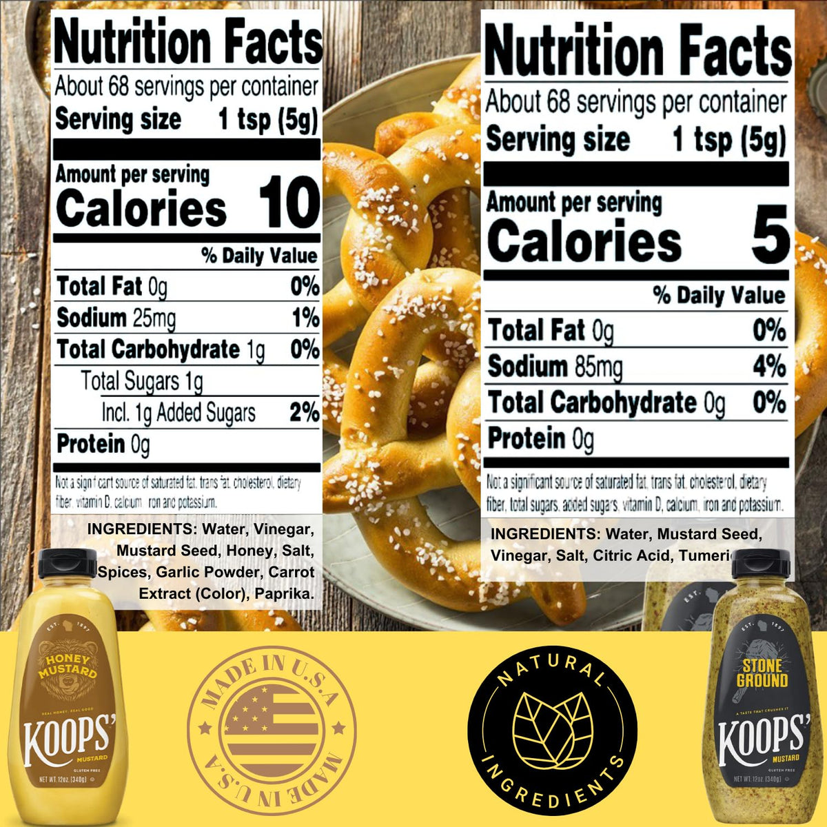 KOOPS' Mustard Variety Pack - Gluten-Free, USDA Organic, 12 Oz (Pack of 10) - Original Yellow, Spicy Brown, Dijon, Honey Mustard
