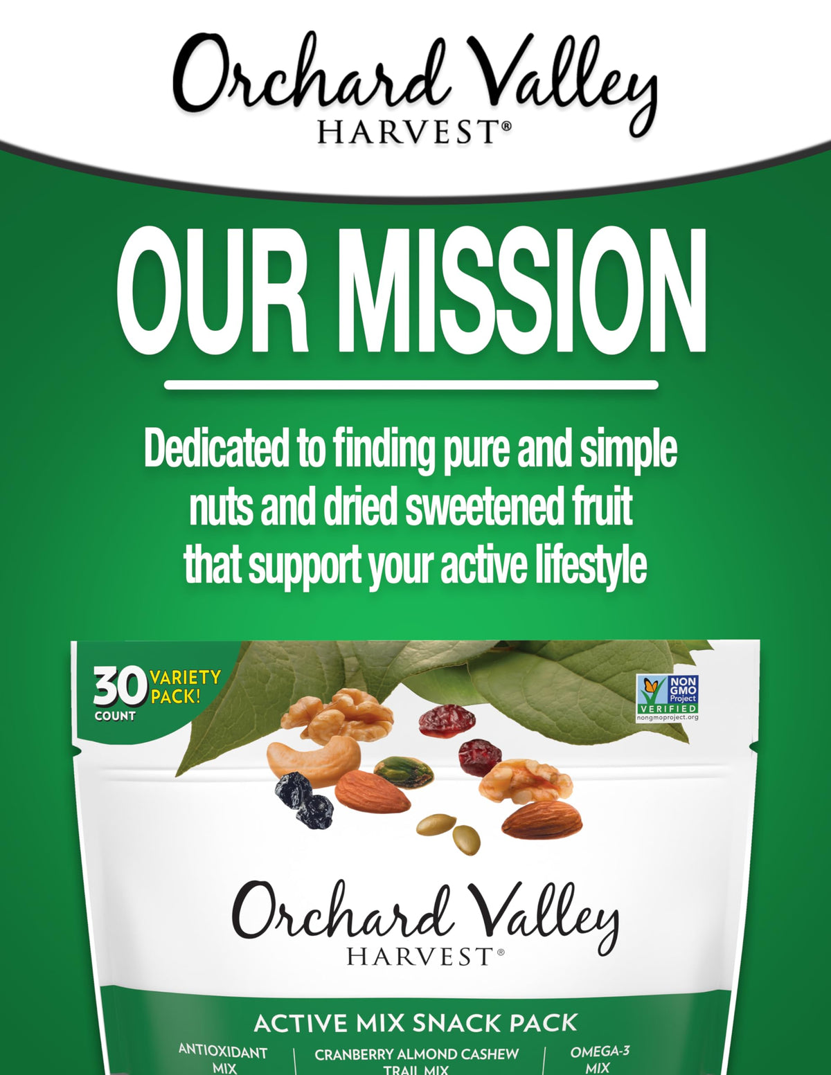 Orchard Valley Harvest Active Snack Pack Mix, 1Oz Bags (Variety Pack Of 30), Antioxidant Mix, Cranberry Almond Cashew, Omega-3 T