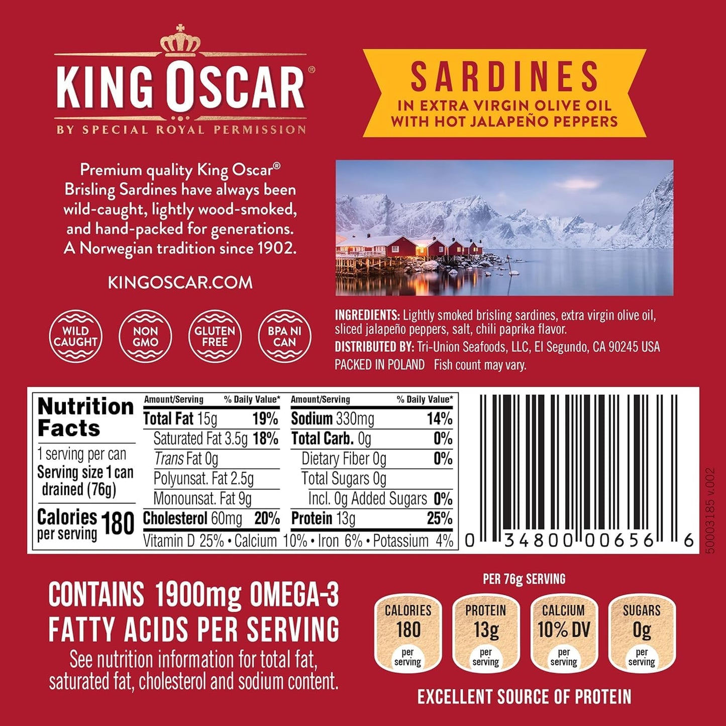 King Oscar Wild Caught Sardines in Extra Virgin Olive Oil  Hot Jalapeno Peppers  3.75 Ounce (Pack of 12)