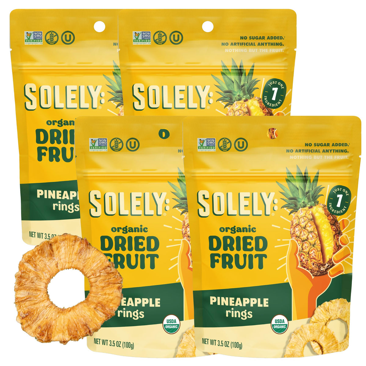 Solely - Organic Dried Pineapple Rings (3.5 Oz Resealable Bags, Pack Of 4) - Real Fresh Fruit - 1 Ingredient - Healthy Snacks For Mature-Themeds & Kids - Non Gmo, Vegan Snacks, Shelf Stable - 4 Bags (14 Oz)