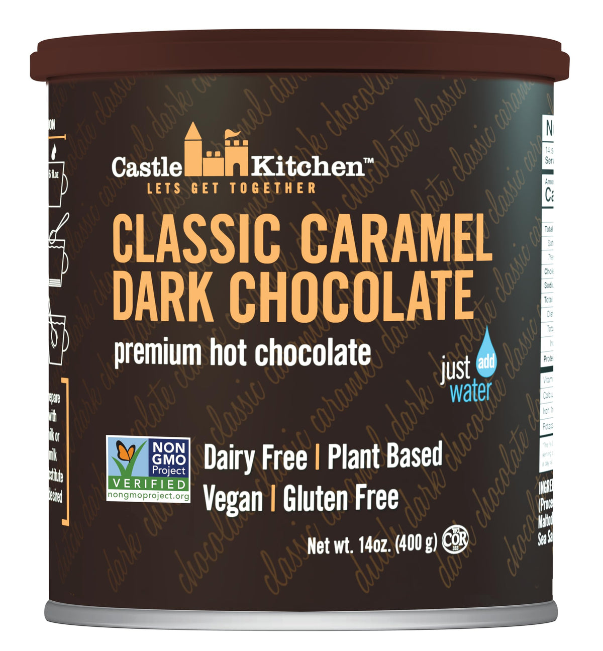 Castle Kitchen Classic Caramel Dark Chocolate Premium Hot Cocoa Mix - Dairy-Free, Vegan, Plant Based, Gluten-Free, Non-GMO Proje