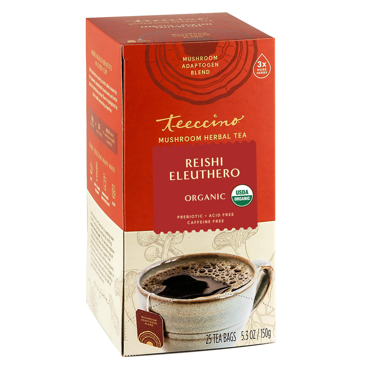 Teeccino Reishi Eleuthero Tea - Organic Caffeine-Free Herbal Tea, 25 Tea Bags, French Roast Flavor