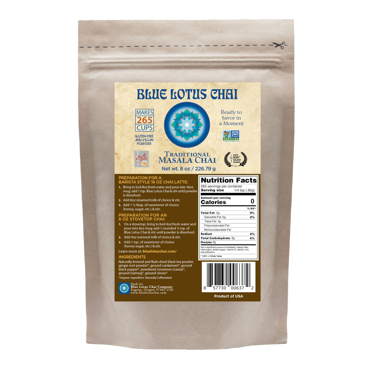 Blue Lotus Chai - Traditional Masala Chai - Makes 265 Cups - Just Add Hot Water, No Steeping, No Gluten - 8 Ounce Masala Spiced