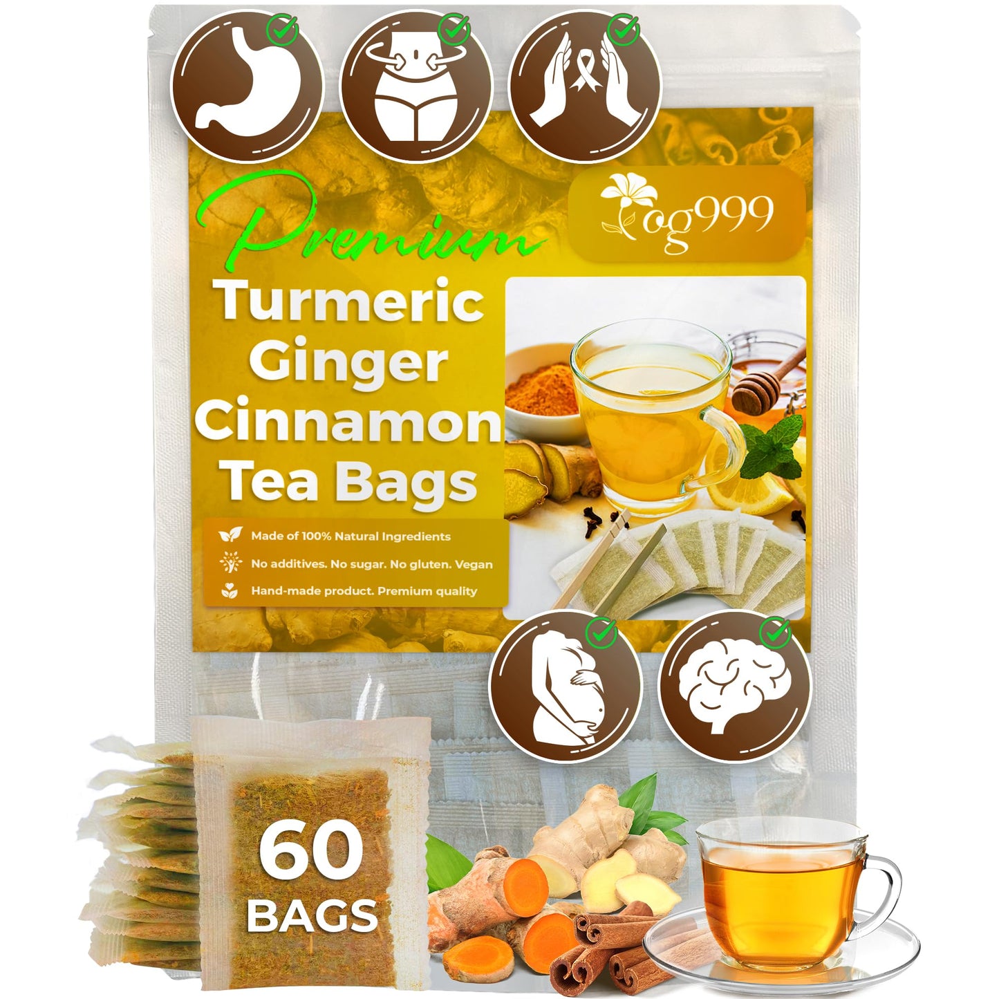 TOG999 Premium Turmeric Ginger Cinnamon Tea Bags, 60 Count, Eco-Conscious, Vegan, No Sugar, No Caffeine, No Gluten