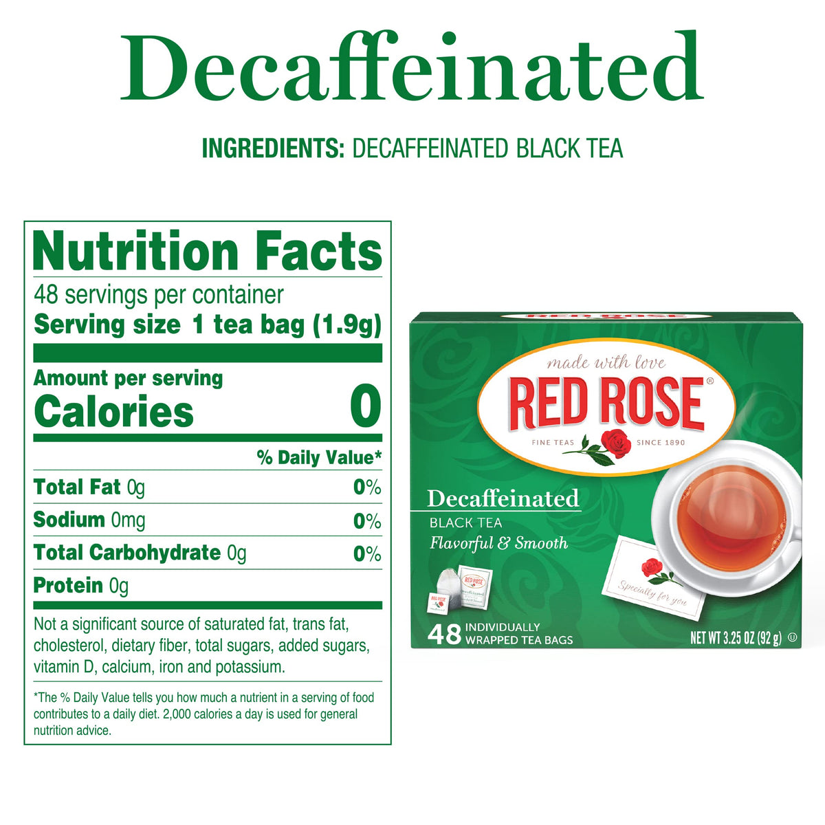 Red Rose Naturally Decaffeinated Black Tea Specially Blended Strong Black Tea With 48 Individually Wrapped Tea Bags Per Box (Pac