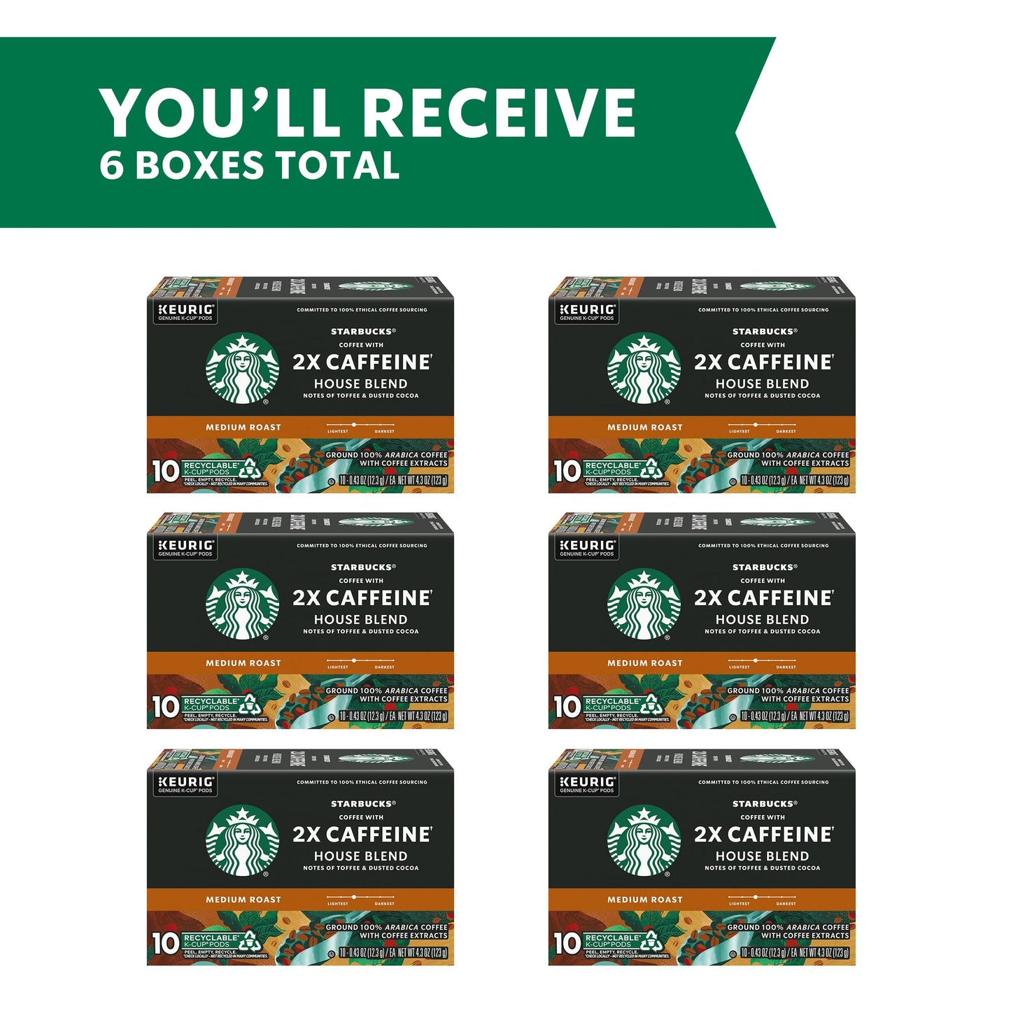 Starbucks K-Cup Coffee Pods, Medium Roast with 2X Caffeine, 10 Count per Box, 6 Boxes (60 Pods Total)