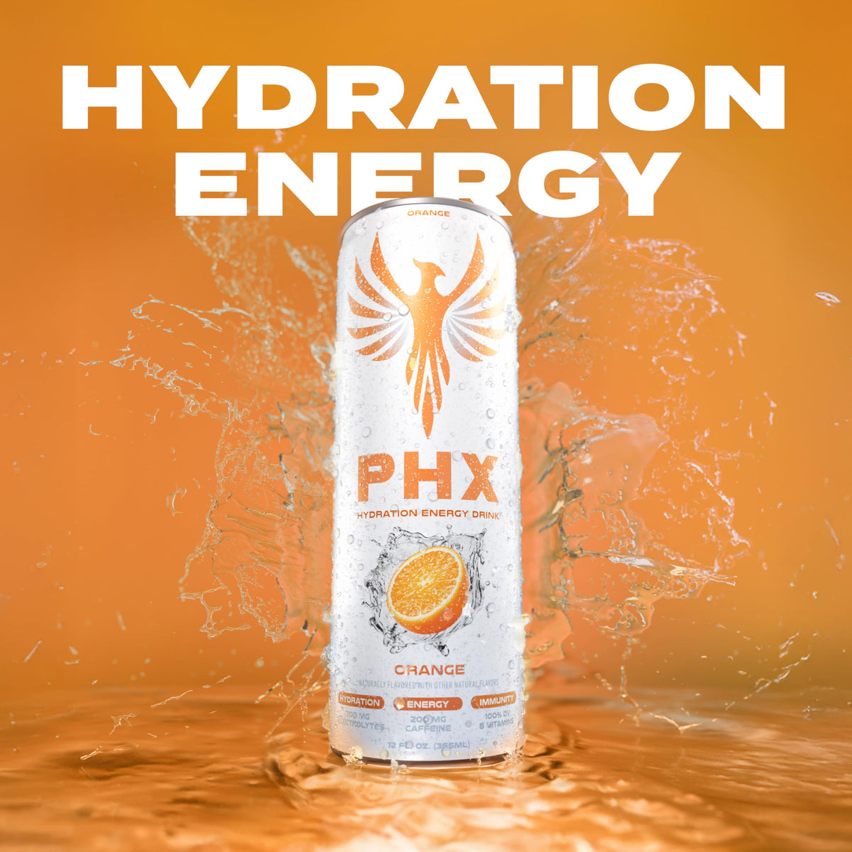 PHX Hydration Energy Drink - 700mg Electrolytes  200mg Natural Green Tea Caffeine  100% Daily Value 8 Essential Vitamins - 12 oz Cans (12 Pack) (12 Pack  Orange)