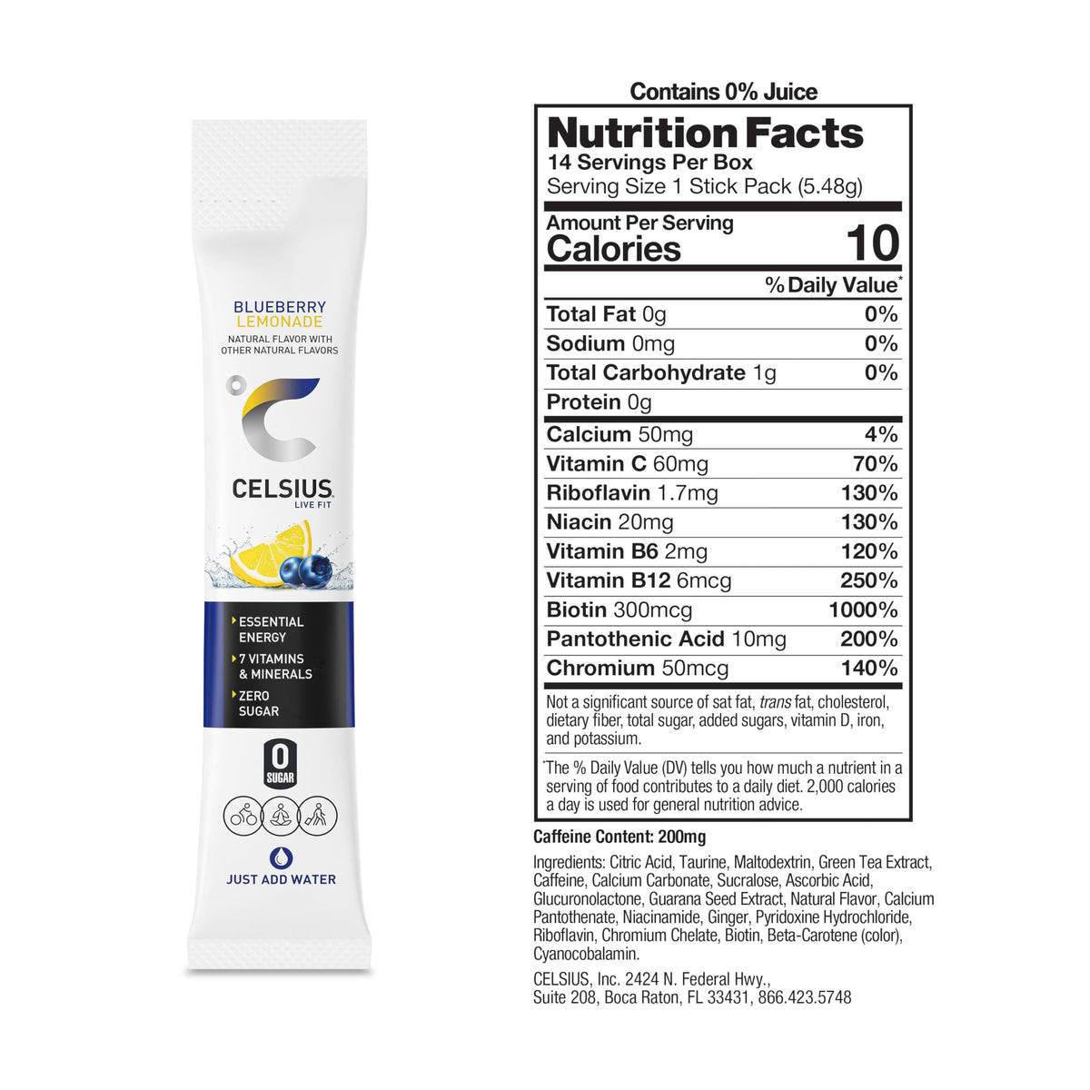 CELSIUS On-the-Go Powder Sticks Blueberry Lemonade, 14 Count, Essential Energy, 2.6 Oz per Pack
