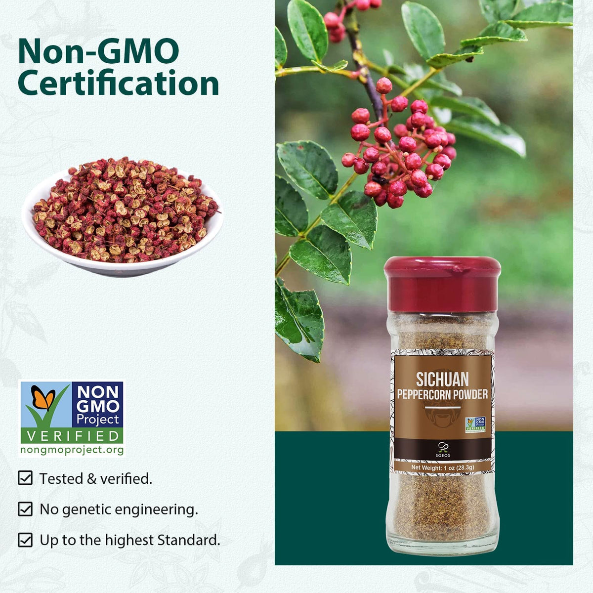 Soeos Sichuan Peppercorn Powder 1oz (28.3g), Non-GMO Verified, Szechuan Peppercorn, Ground Sichuan Green Peppercorns, Green Sich