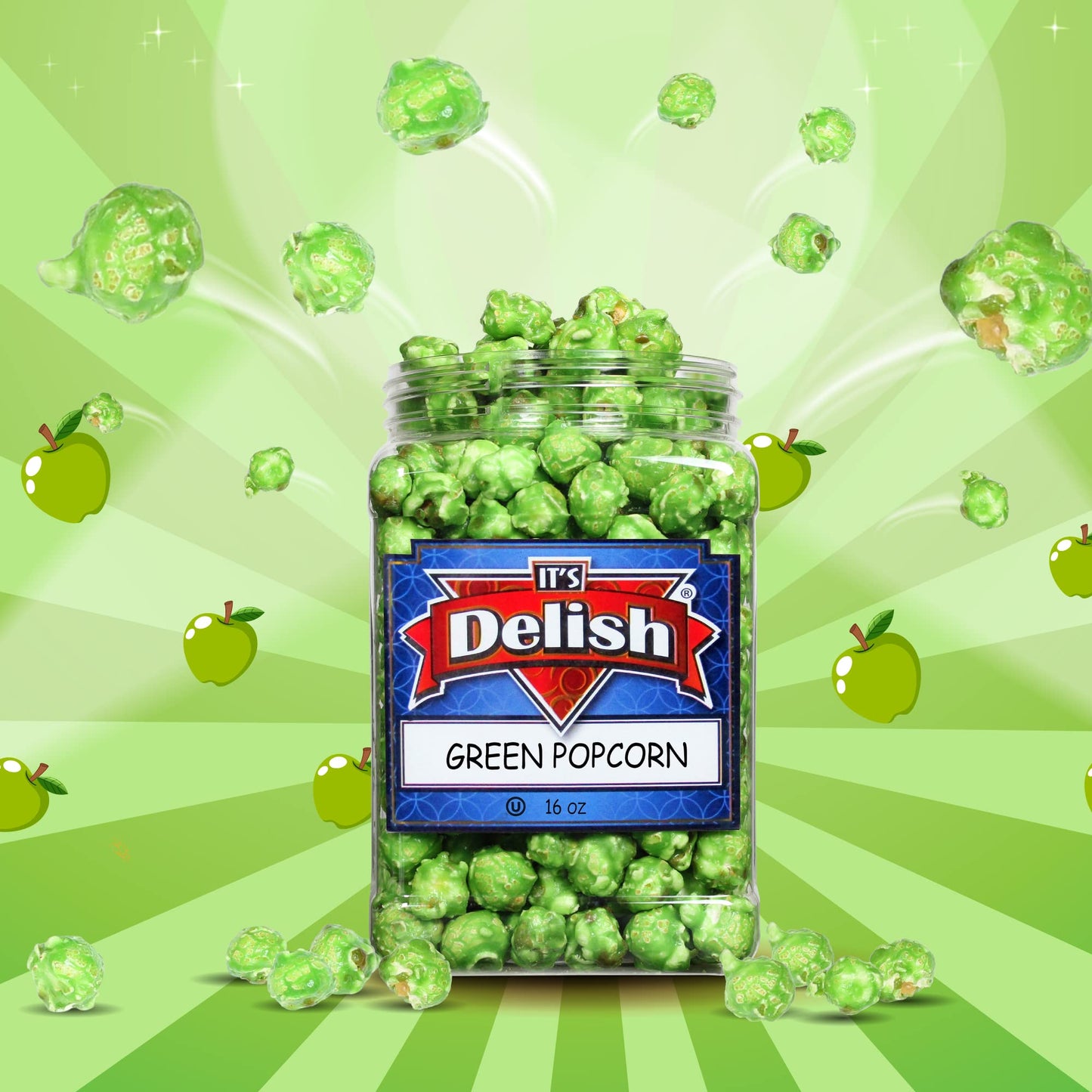 Gourmet Green Apple Flavored Popcorn by Its Delish, 16 Oz Jumbo Container | Bulk Air Popped Pop Corn Snack - Fruity Green Theme