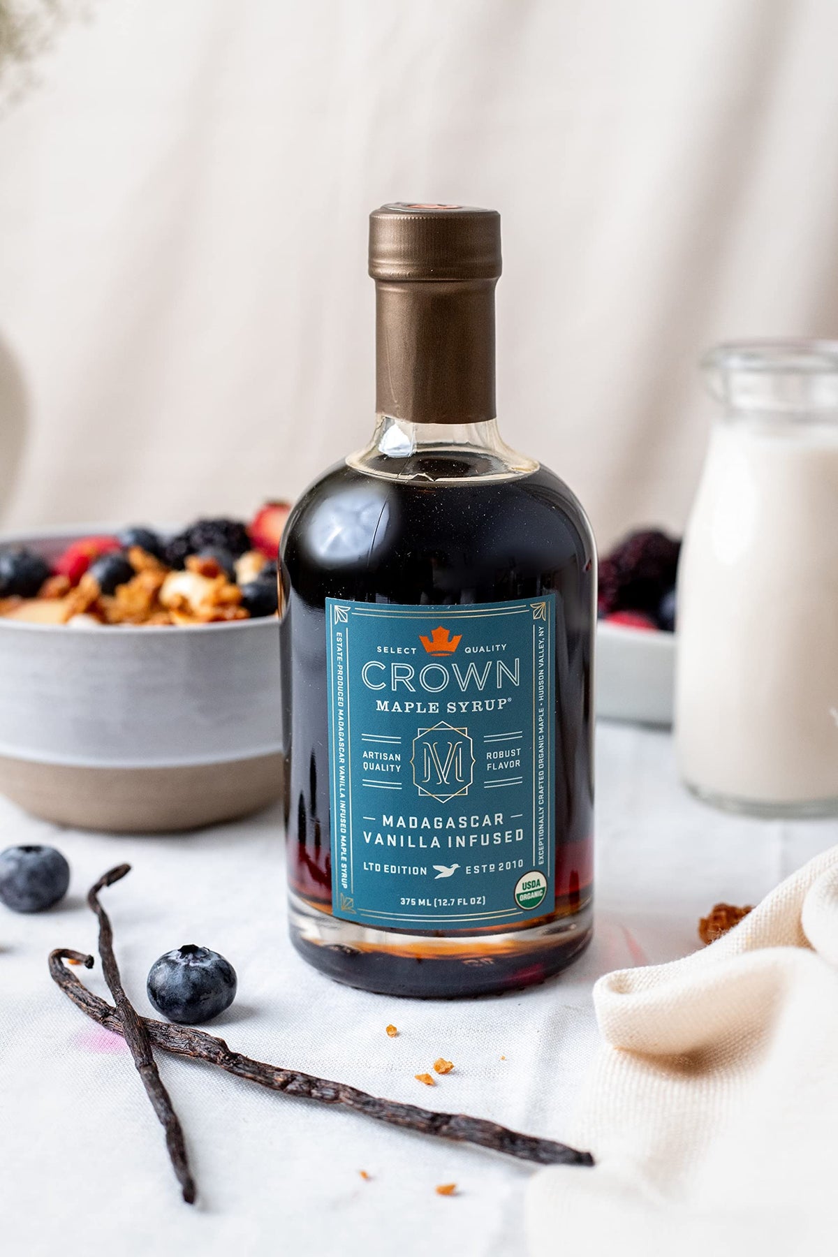 Crown Maple Madagascar Vanilla Infused Organic Maple Syrup, 12.7 Fl Oz - Real Vanilla Bean for Pancakes, Baking, Cocktails & Brunch