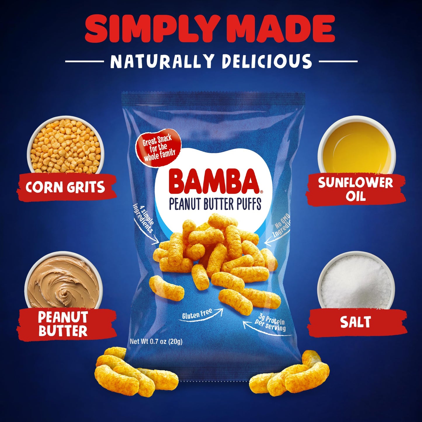 Gratify Bamba Peanut Butter Snacks for Families - All Natural Peanut Butter Corn Puffs Snacks ( 24 pack 0.7oz bags) - Made with