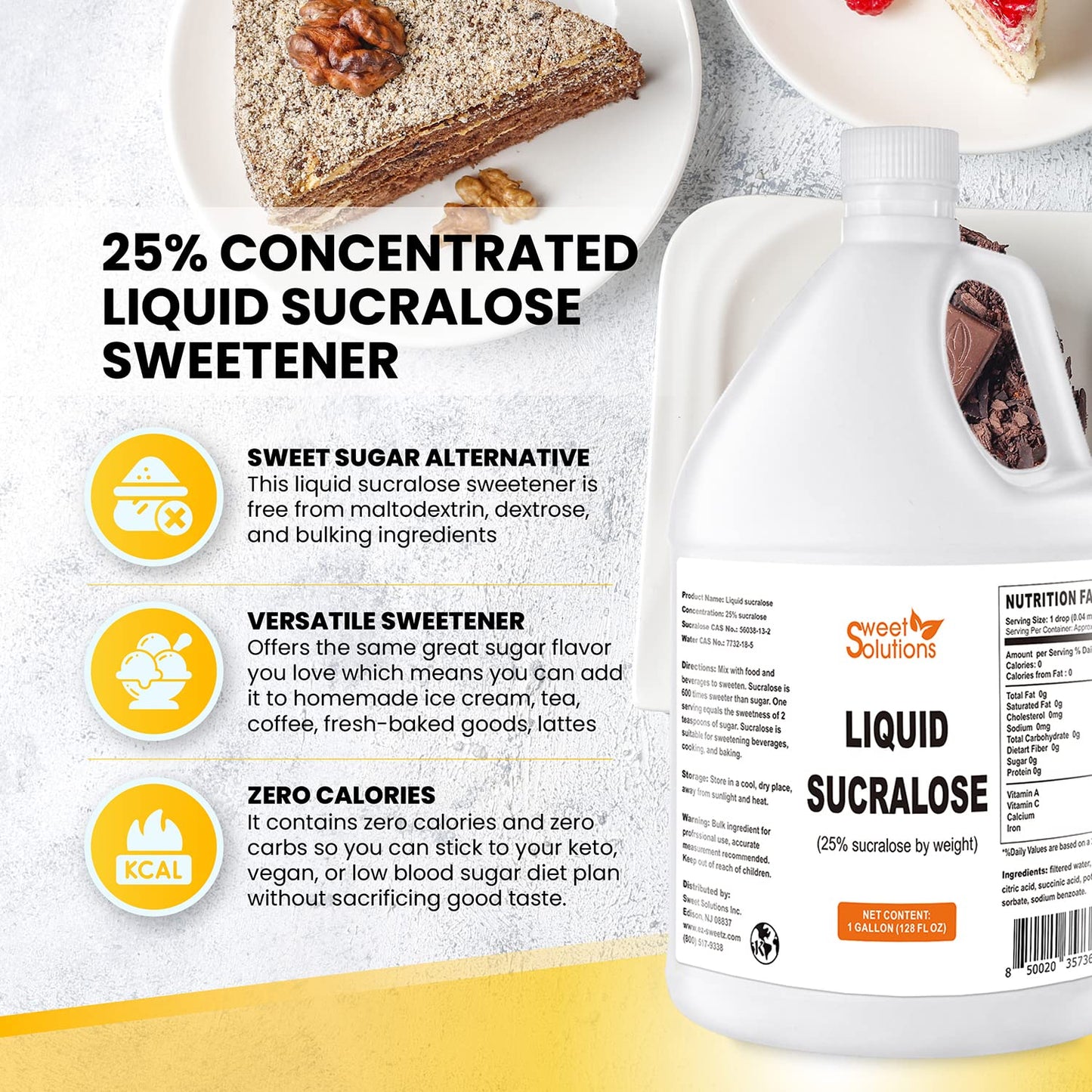 Concentrated Liquid Sucralose Sweetener, 25% Concentrated Sugar Alternative, 1 Gallon. Bulk for Drinks, Food, and Pastries, Zero