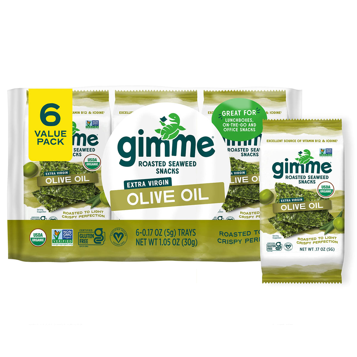 gimMe Organic Roasted Seaweed Sheets - Extra Virgin Olive Oil - 6 Count - Keto, Vegan, Gluten Free Snack