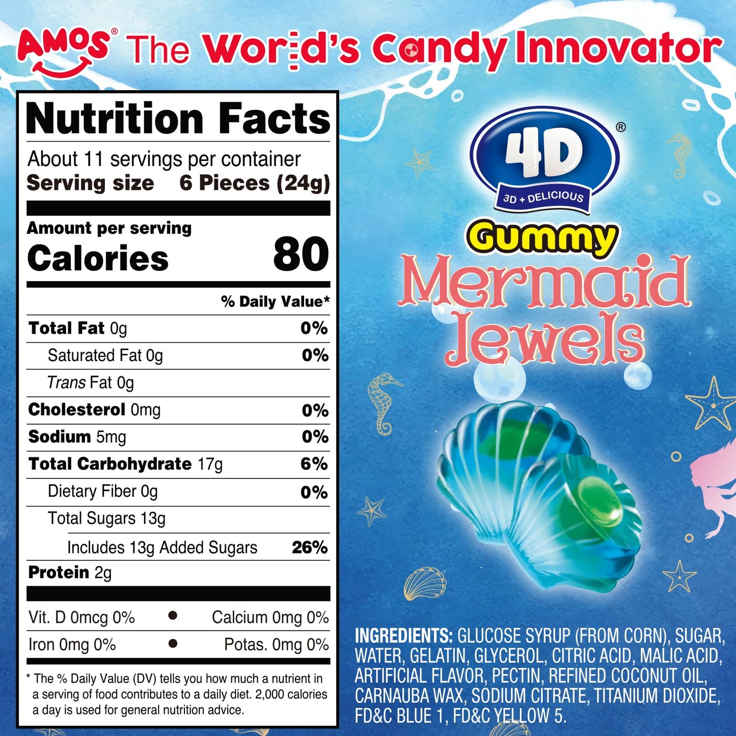 Amos 4D Mermaid Gummy Candy, Blue Raspberry, 9Oz Mini Wrapped Packs, Soft Jelly-Filled Seashell Treats