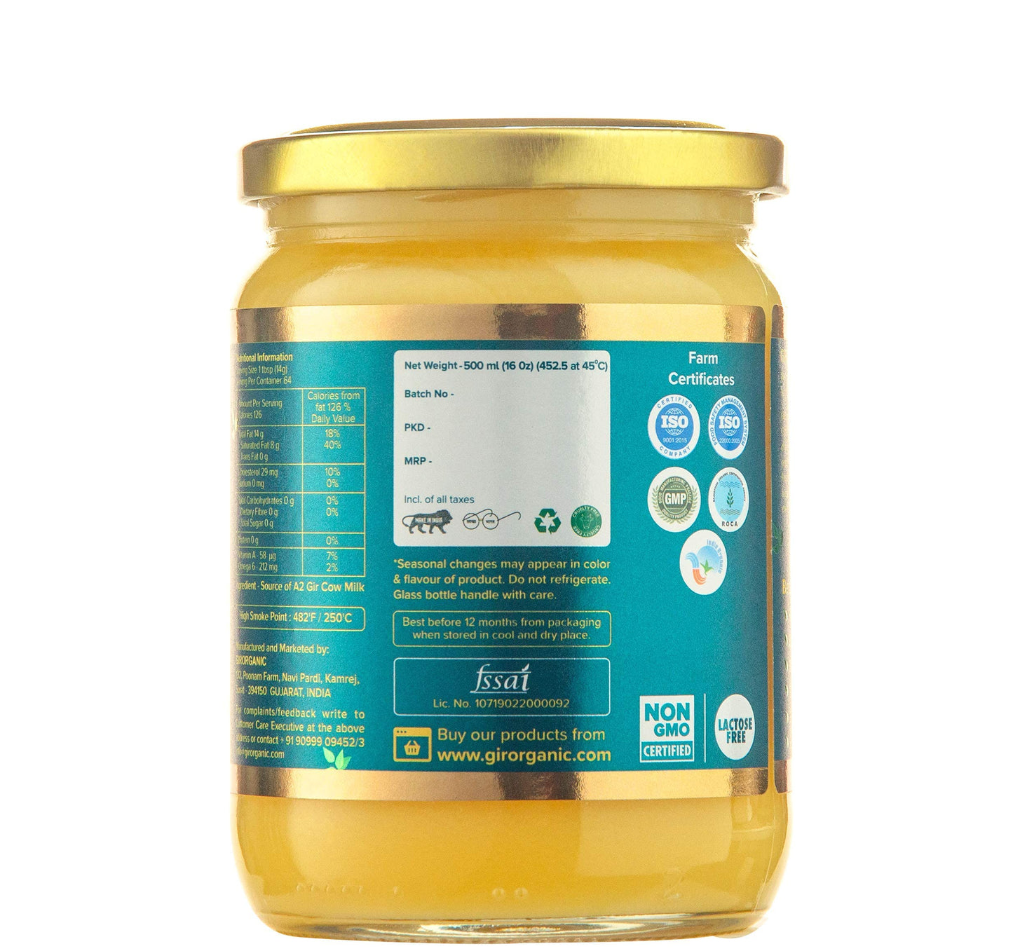 Girorganic Grass Fed A2 Ghee | Clarified Butter (16 Oz) - Unsalted Gir Cow Ghee Butter - Organic Ghee Oil - Pasture Raised, Lact