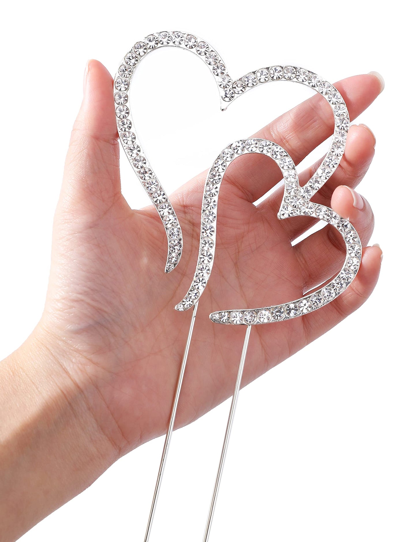 LOVENJOY Wedding Cake Topper, Two Hearts One Love, Silver, Crystal Rhinestone, 3.5 W x 8 H