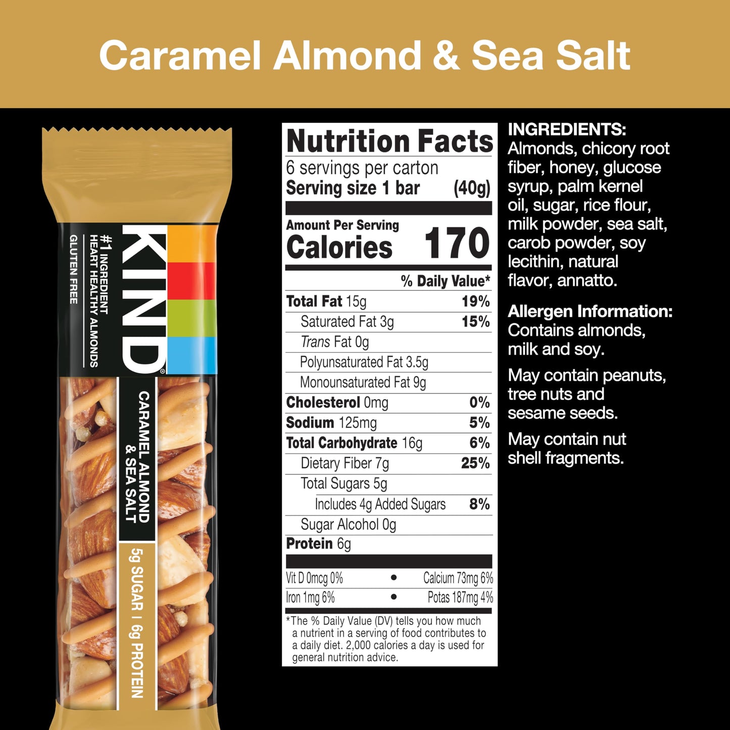 KIND Bars Caramel Almond & Sea Salt Healthy Snacks Gluten Free Low Sugar 6g Protein 36 Count