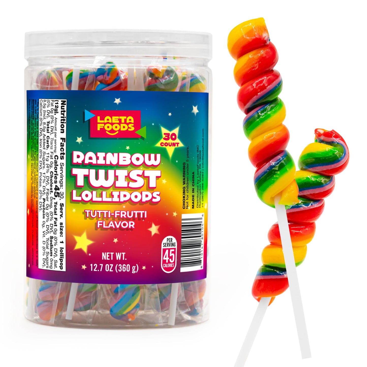 LAETAFOOD Rainbow Swirl Lollipops - 30 Count Jar, Tutti-Frutti Flavor, Individually Wrapped Twisty Suckers, Large Jar