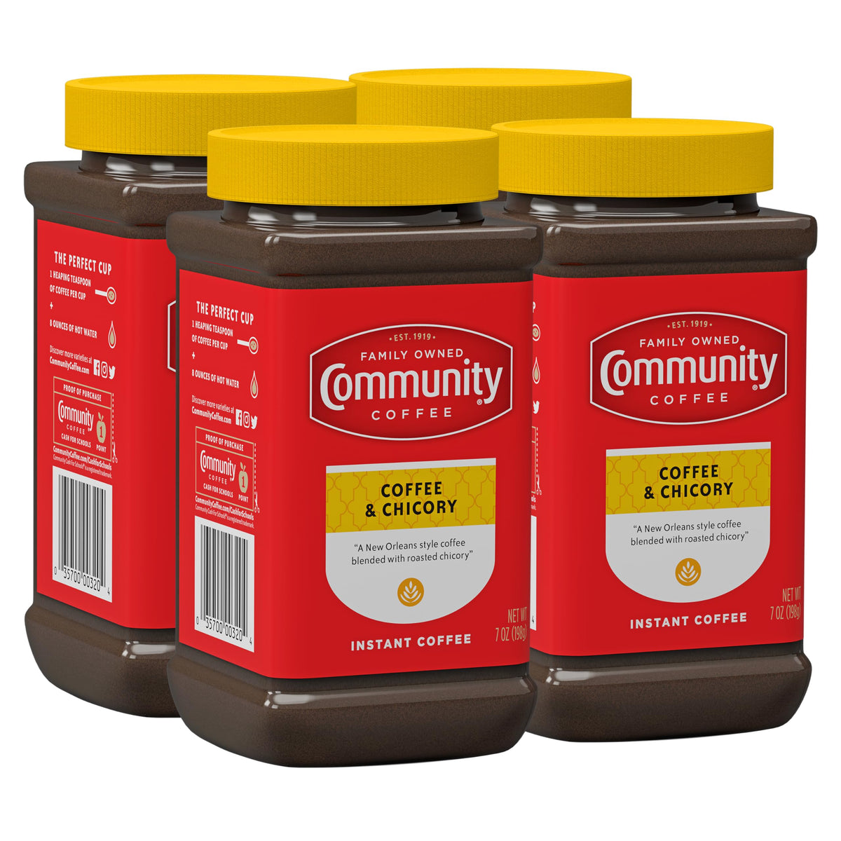 Community Coffee Coffee And Chicory, Medium Dark Roast Instant Coffee, 7 Ounce Jar (Pack Of 4)