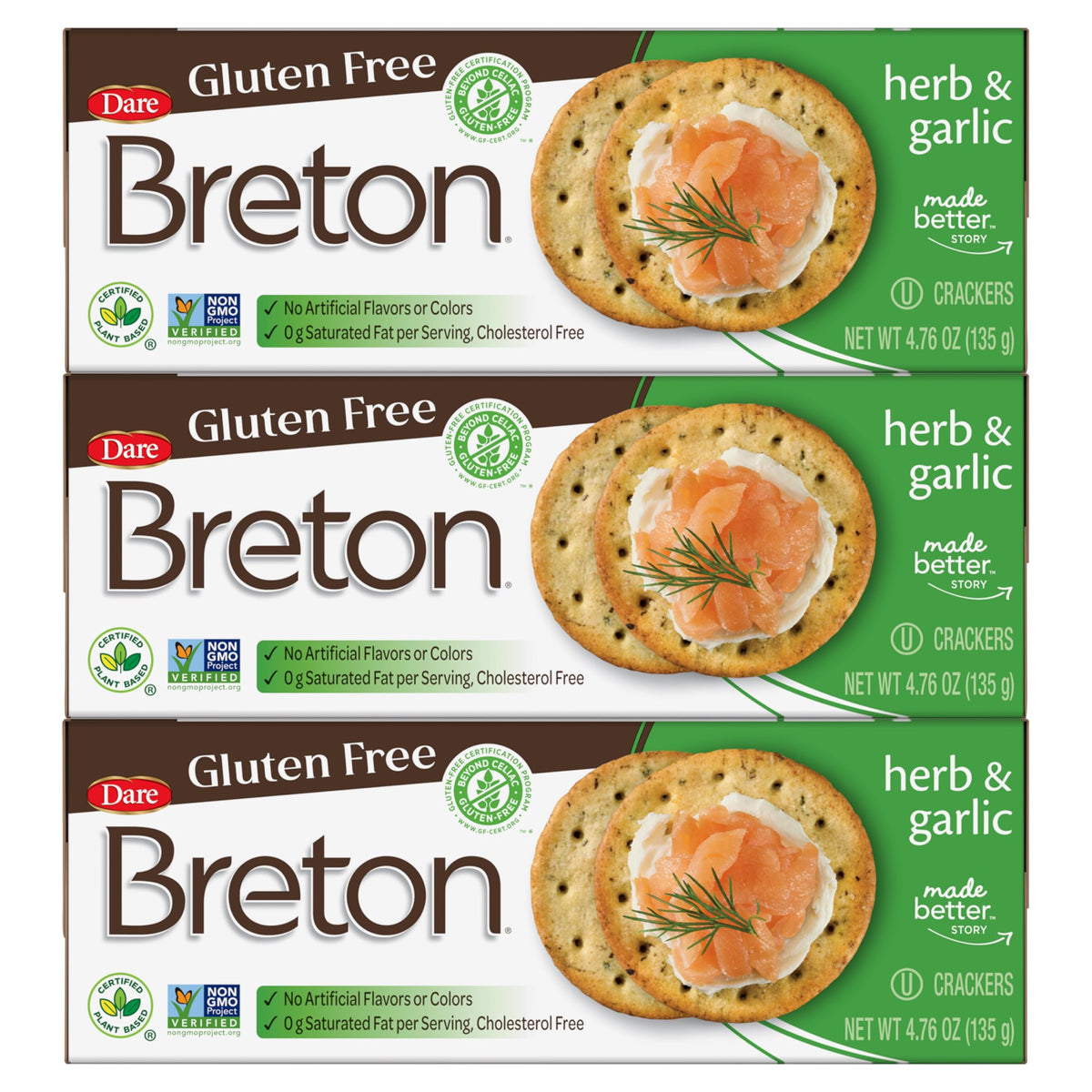 Breton Crackers, Gluten Free Herb & Garlic, Pack Of 3