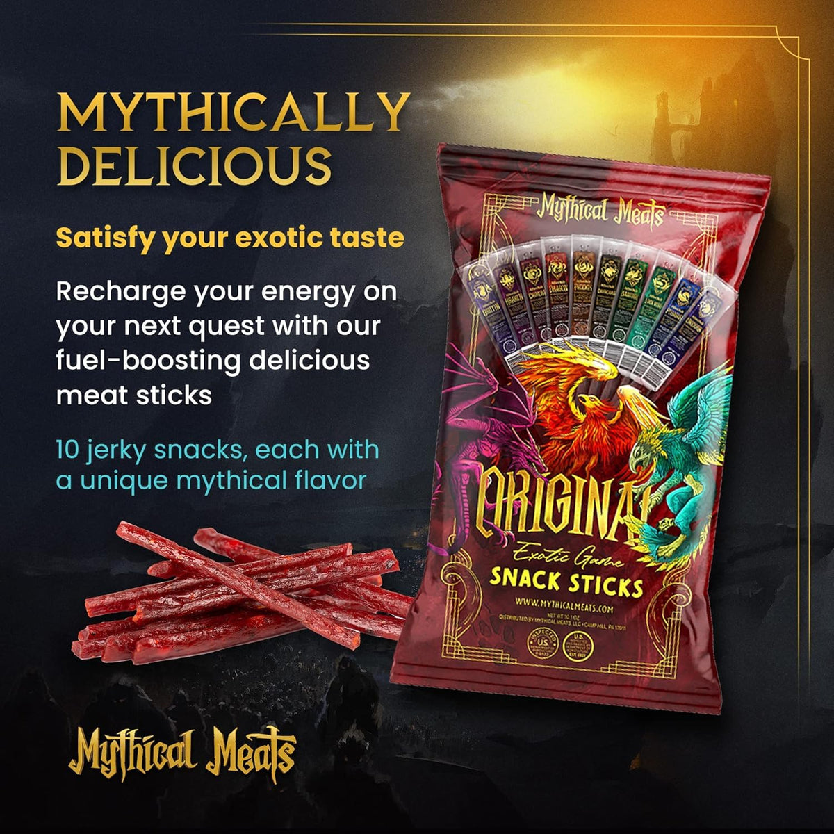 Mythical Meats Original & Humanoid Sampler Pack Bundle - 20 Exotic Game And Beef Snack Sticks - Dried & Dehydrated Meats Seasone