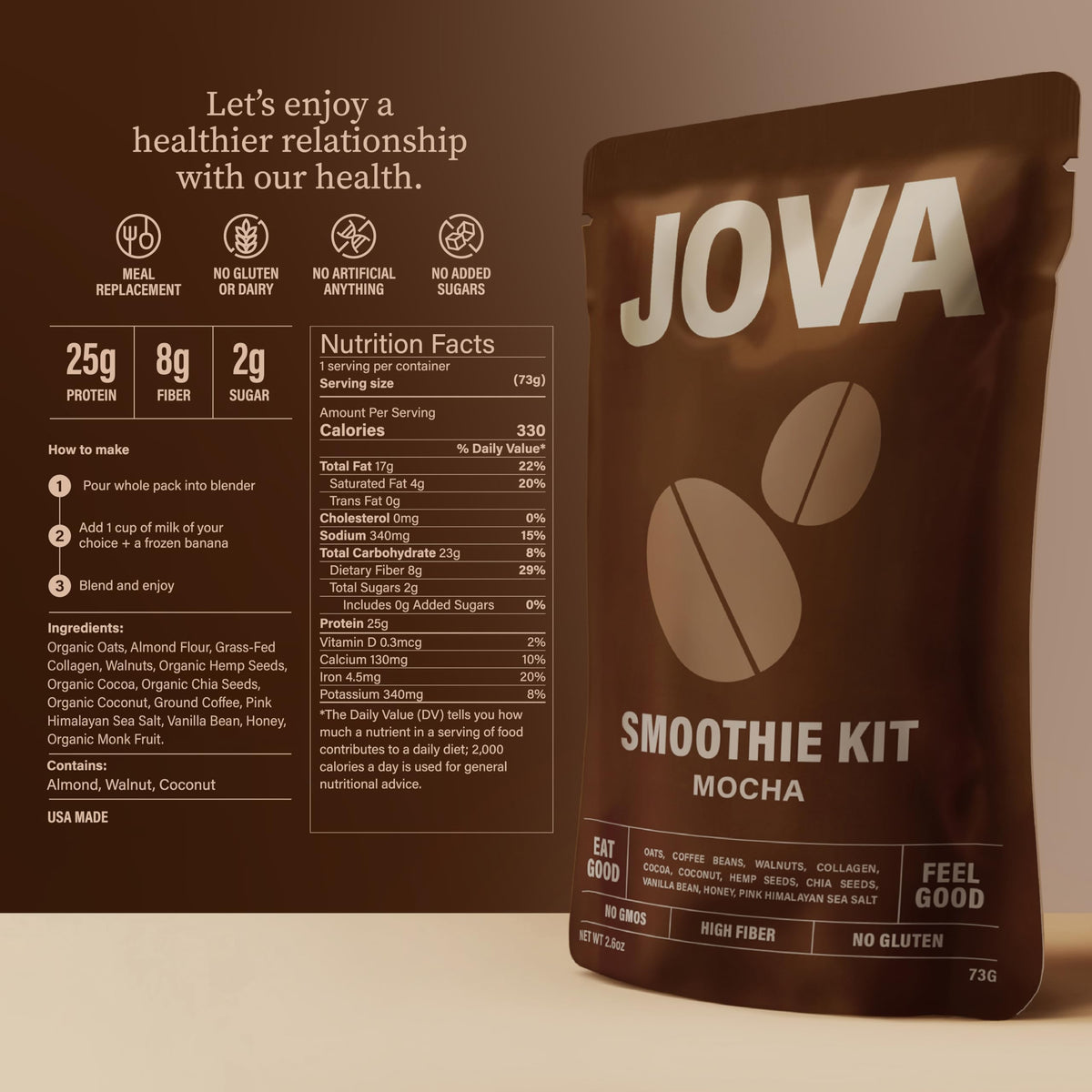 JOVA Mocha Protein Smoothie Kit | 25g Protein, 8g Fiber | Real Whole Food Ingredients | Delicious Mocha Flavor, No Sugar Added |