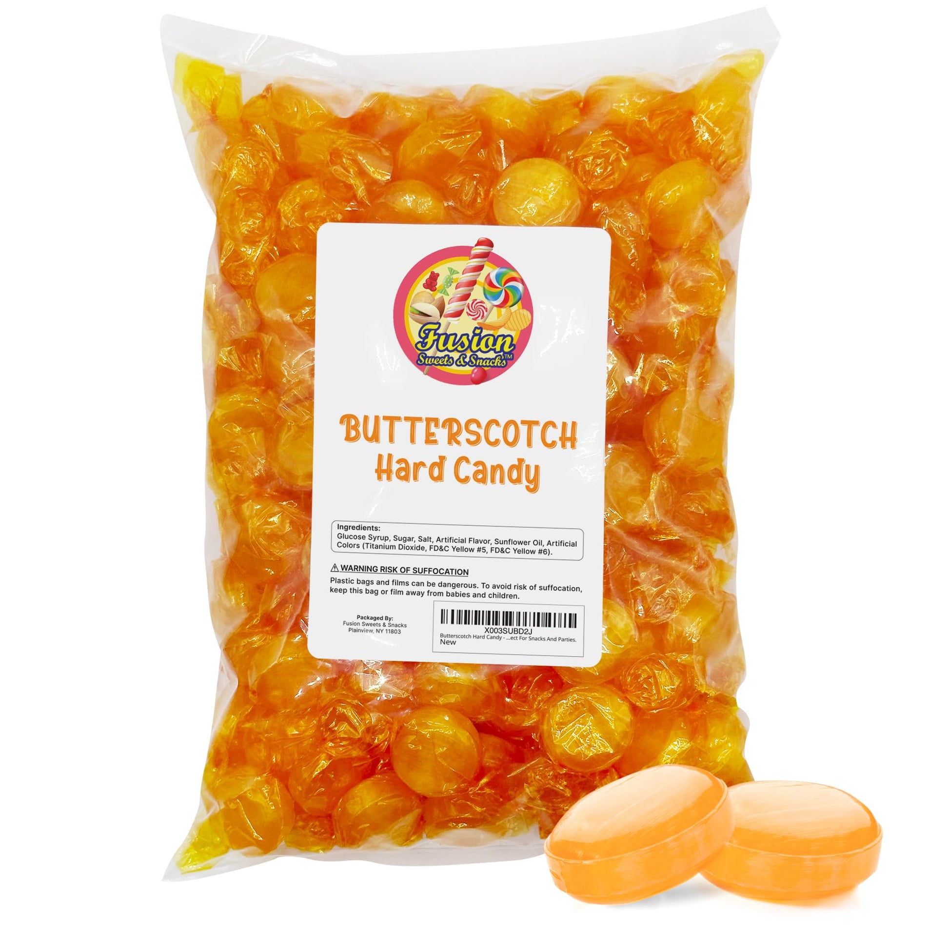 Fusion Sweets Butterscotch Hard Candy - 2LB Bag, Individually Wrapped Yellow Discs, Perfect for Snacks and Parties