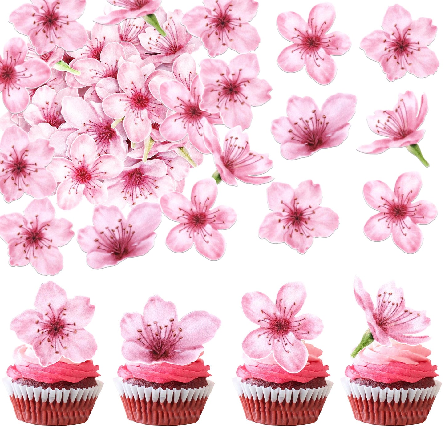 40 Pack Cherry Blossoms Cupcake Toppers Flowers Cake Decorations Wafer Paper Flowers Cupcake Topper For Baby Shower Kids Birthday Wedding Flowers Party Decorations Supplies.