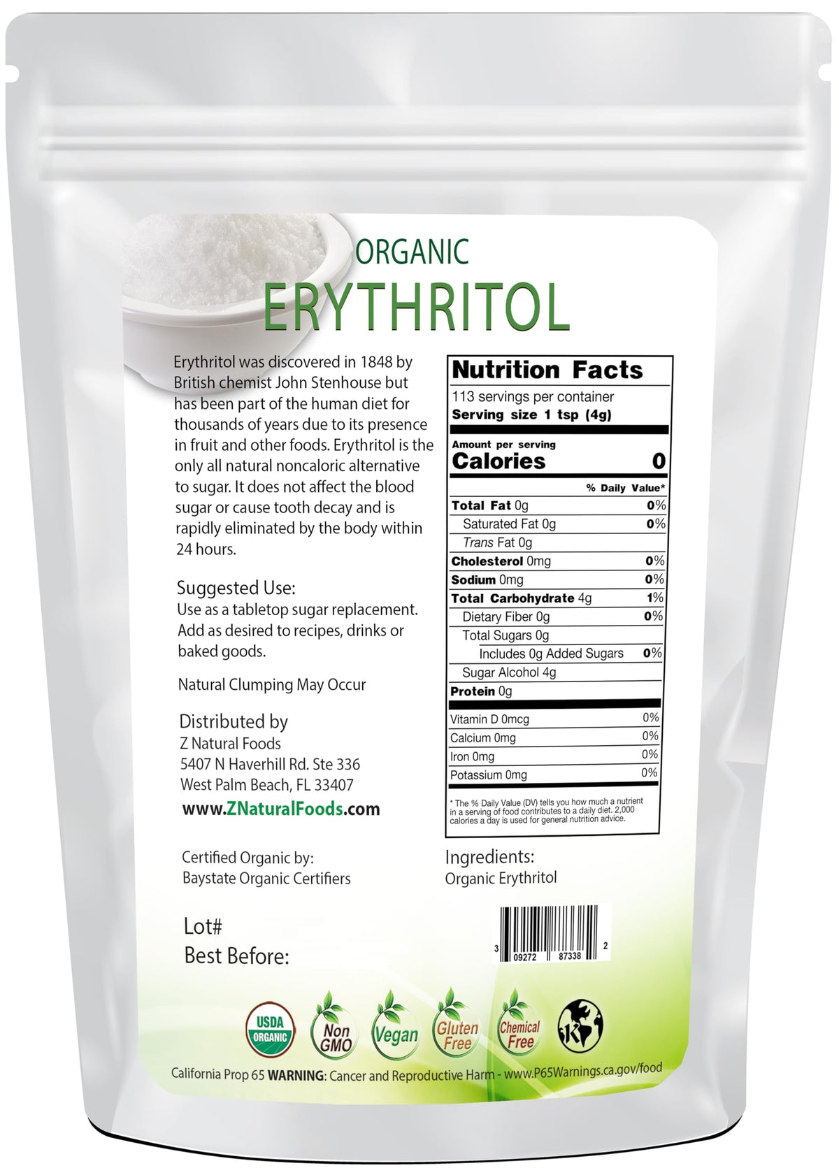 Organic Erythritol - Zero Calorie Alternative Sweetener - Low Glycemic Sugar Substitute - Great for Coffee, Tea, Drinks, Shakes,