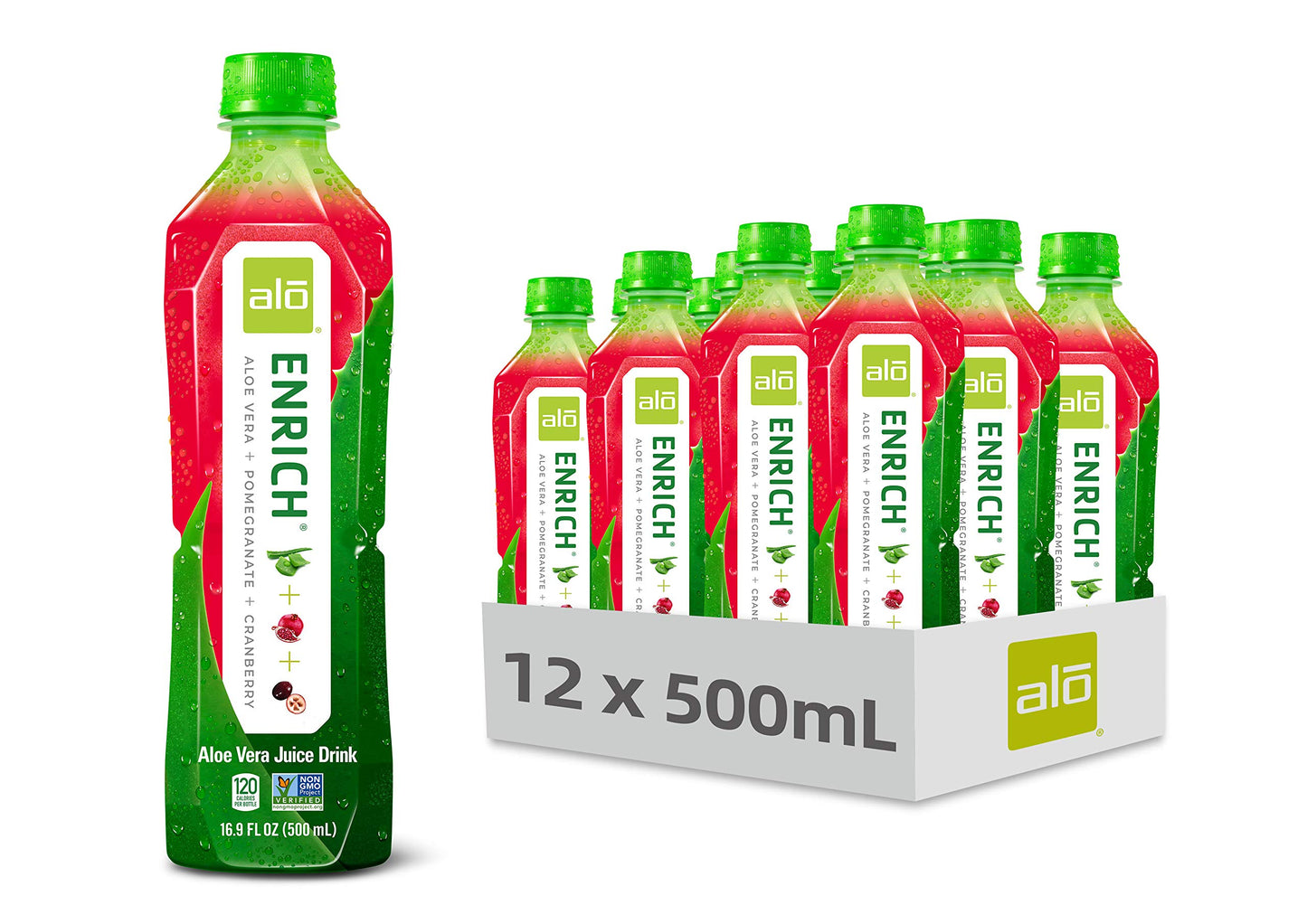 ALO Aloe Vera Juice Drink | ENRICH - Pomegranate + Cranberry | 16.9 fl oz, Pack of 12 | Plant-Based Drink with Real Aloe Pulp