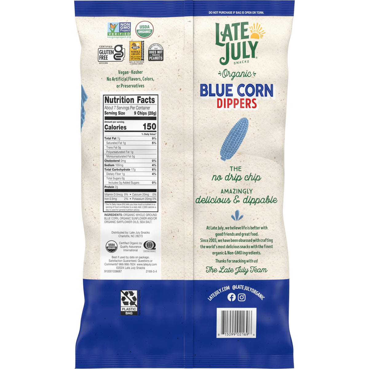 Late July Organic Blue Corn Tortilla Chips, 7.4 oz Bag, Model 200790114433