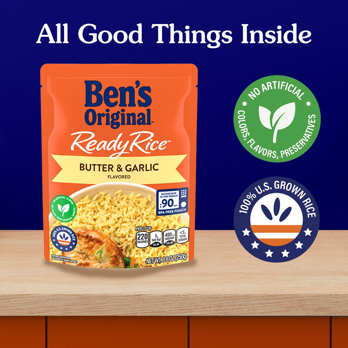 BENS ORIGINAL Ready Rice Butter and Garlic Flavored Rice, Easy Dinner Side, 8.8 oz Pouch