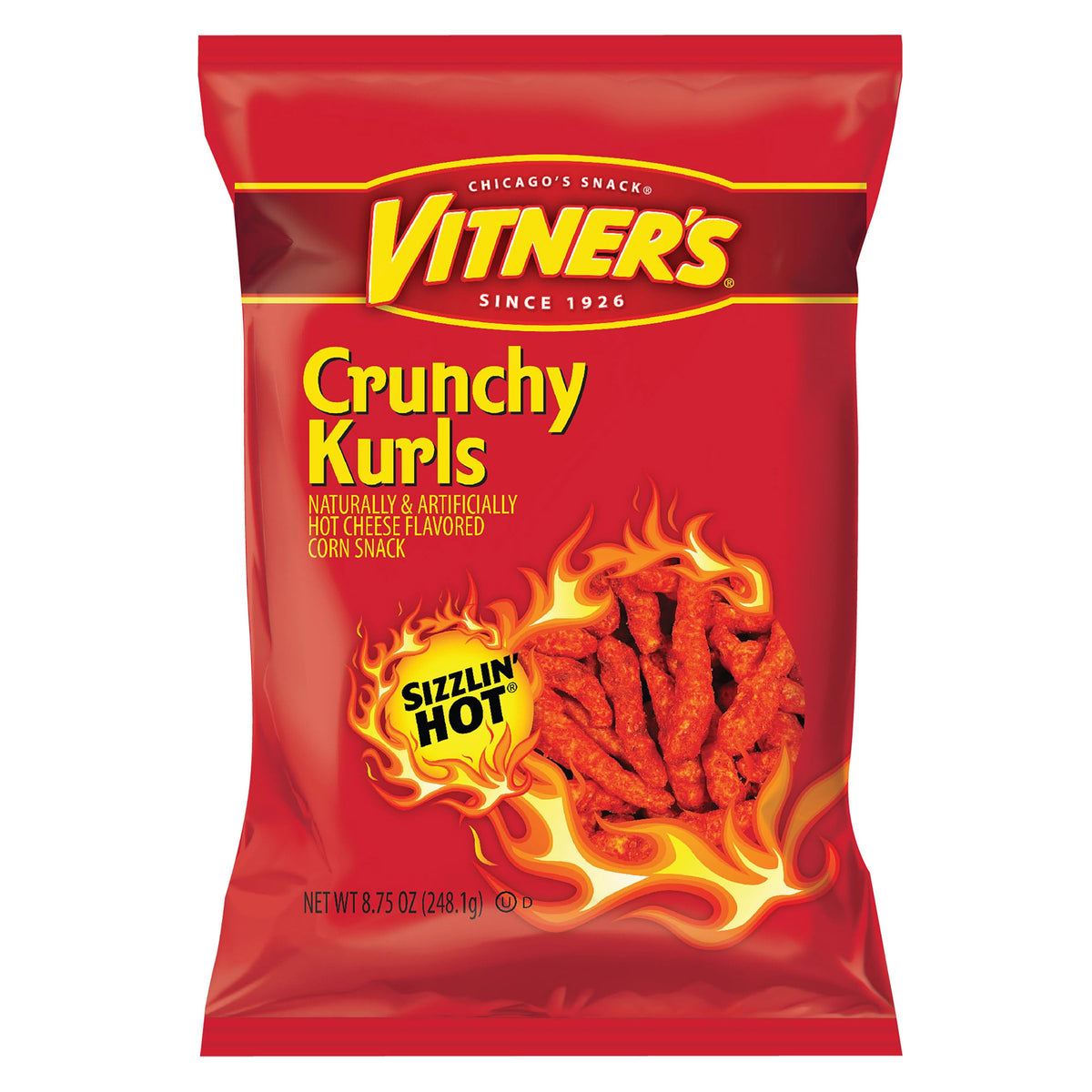 Vitners Sizzlin Hot Crunchy Kurls  8.75 oz Bags (Pack of 16) - Bold & Spicy Cheese Flavored Corn Snacks | Intense Crunch | Chicago Food