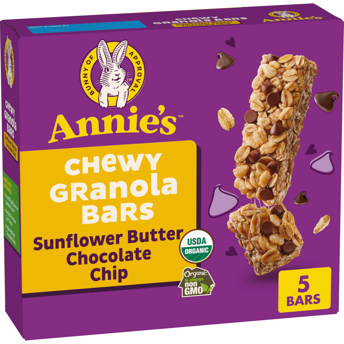 Annies Chewy Granola Bars, Sunflower Butter Chocolate Chip, Organic Snacks, 5 Count, 4.45 oz