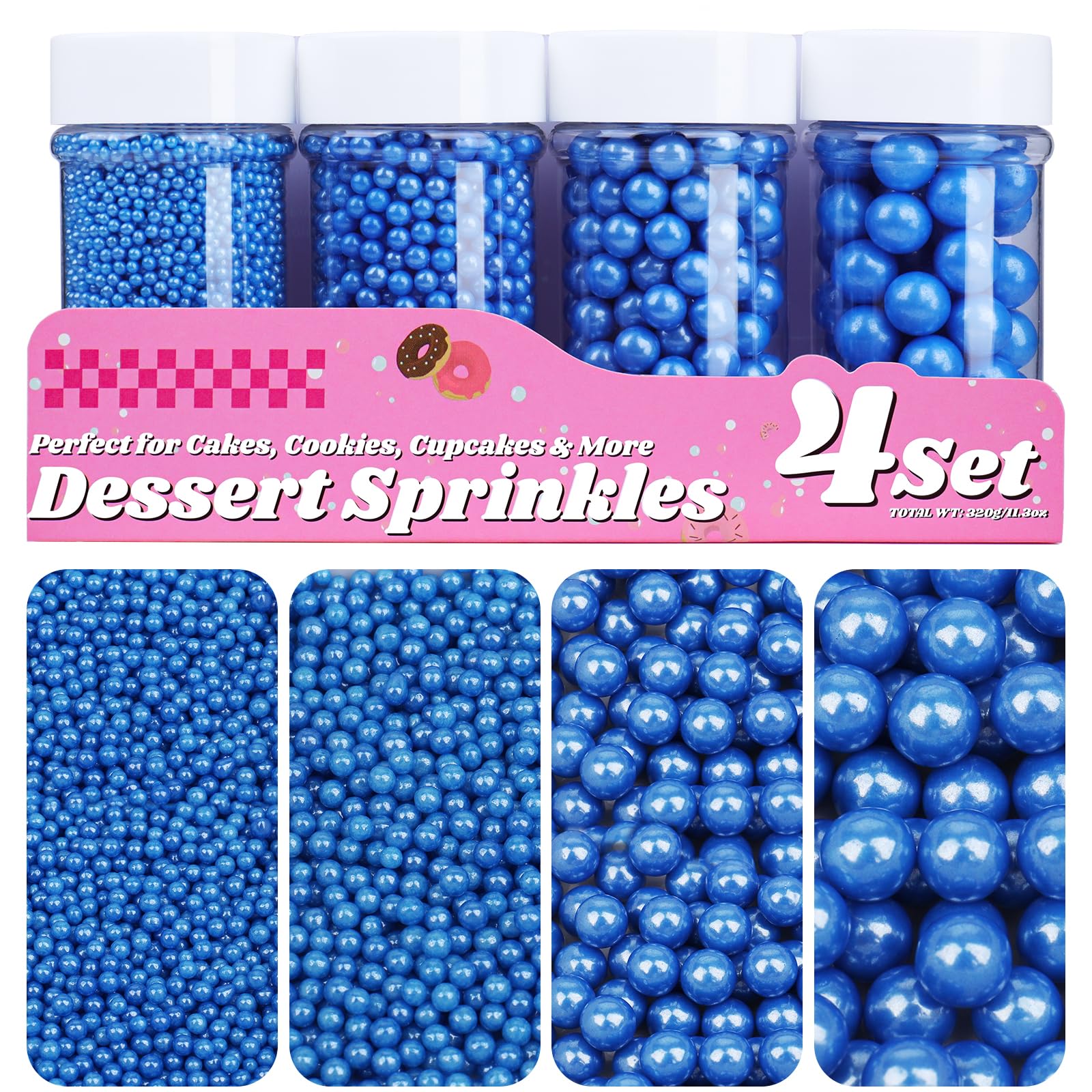 Blue Pearl Sprinkles for Cake Decorating, 11.3 Oz Edible Pearls Sugar Large Capacity 4 Jars Set for Baking Cookie Ice Cream Cupc