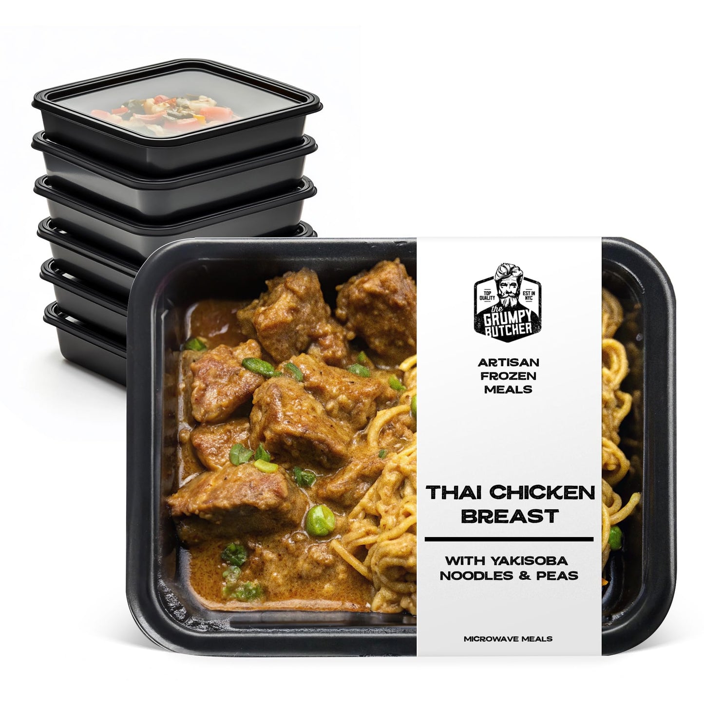 Grumpy Butcher Premium Prepared Meals: Thai Style Chicken Breast & Yakisoba Noodles, 6 pack (12 oz each, 4.5 lb total) - Artisan