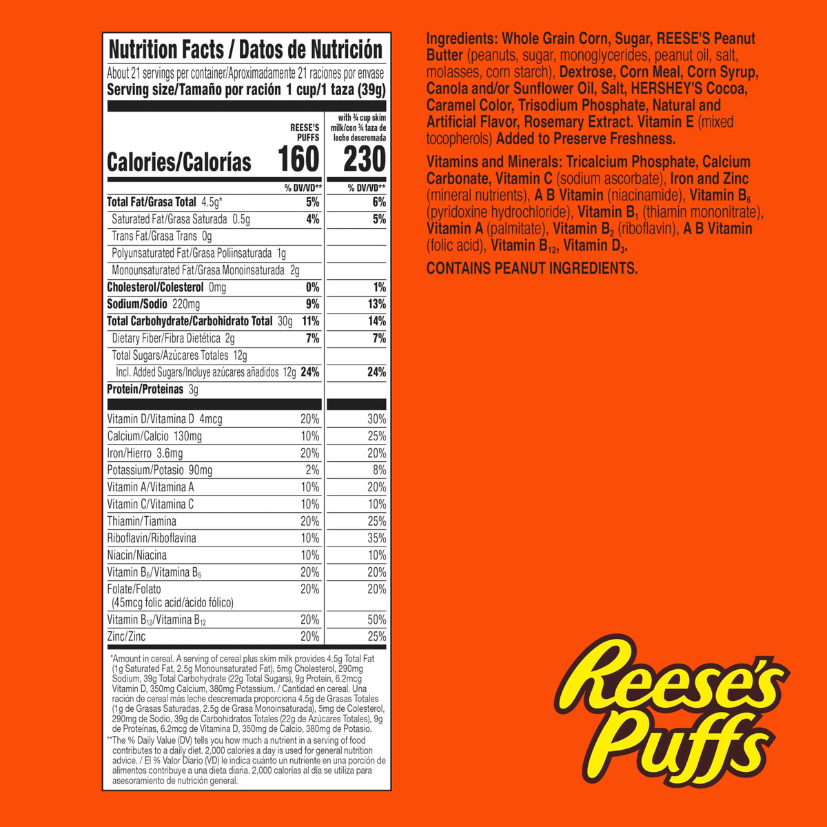REESES PUFFS Chocolatey Peanut Butter Cereal, Kids Breakfast Cereal, Mega Size, 29 oz