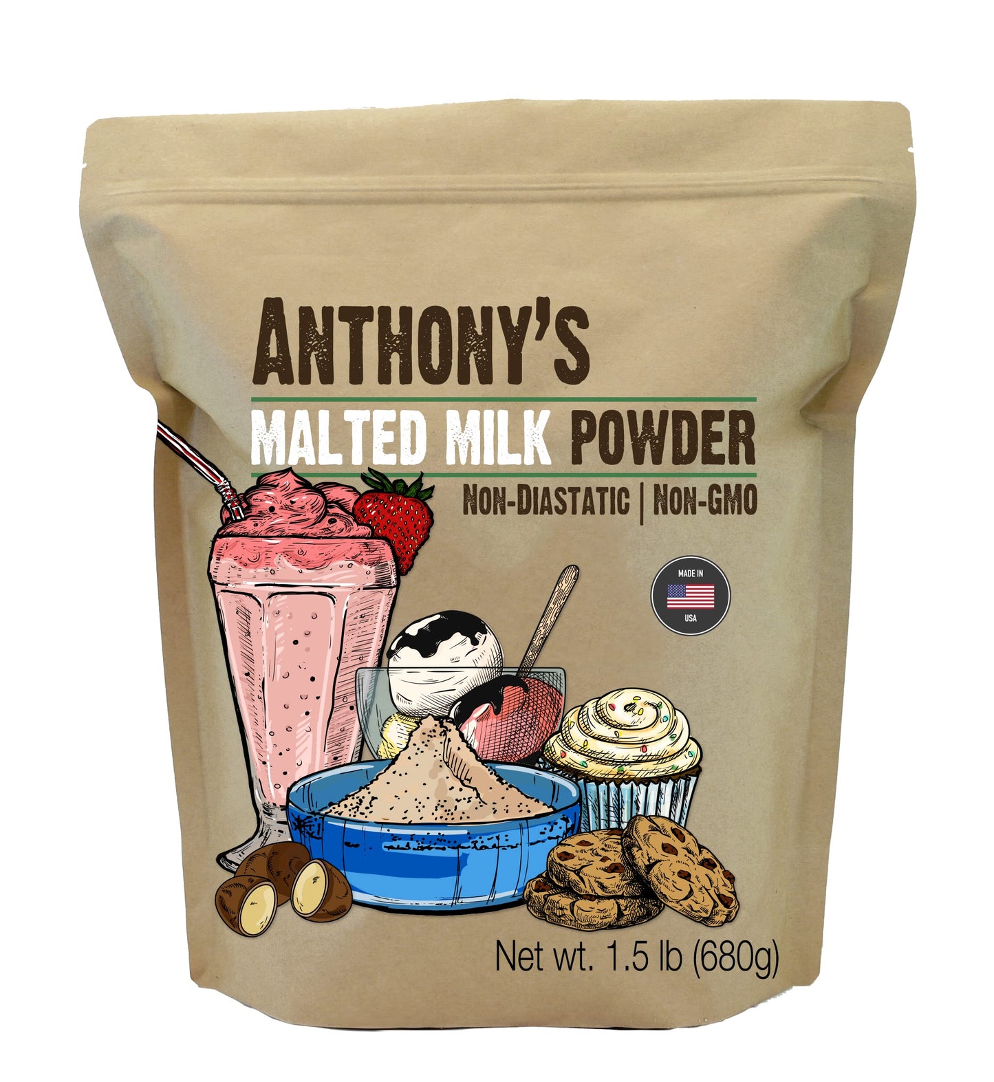 Anthonys Malted Milk Powder 1.5lb  For Ice Cream  Milk Shakes  and Baking  Non GMO  Made in USA