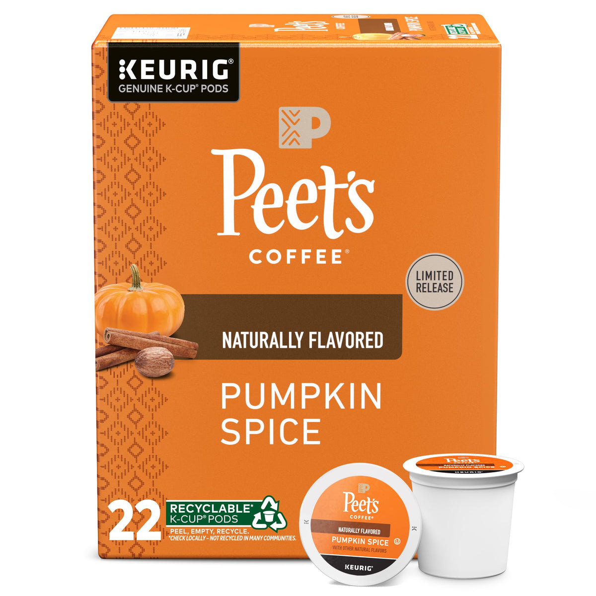 Peets Coffee Flavored Light Roast K-Cup Pods, Pumpkin Spice, 22 Count, Caramel Brûlée