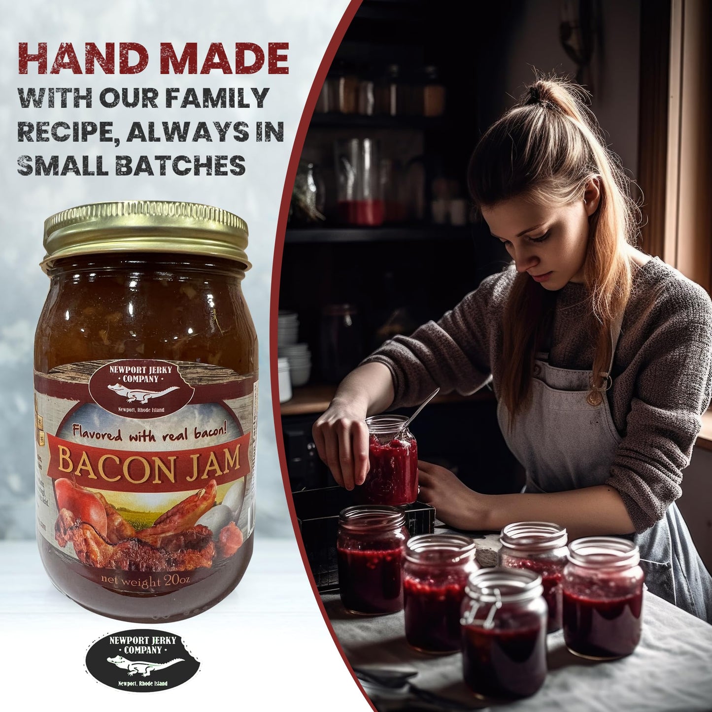 Newport Jerky Company Bacon Jam - Gourmet Small Batch Spread - 20 oz Glass Jar - Perfect for Burgers, Sandwiches, Toast, Charcuterie
