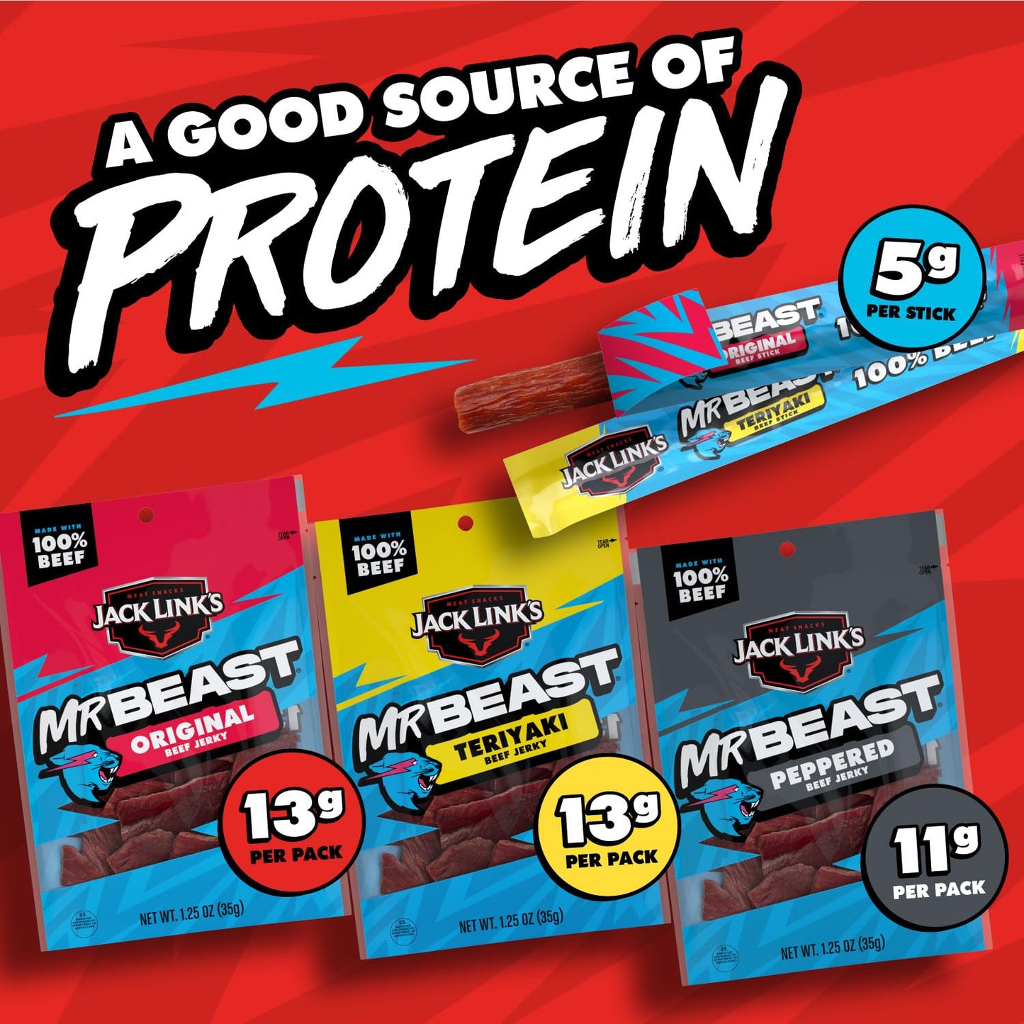 Jack Links x MrBeast Beast Beef Jerky Variety Box  1.25oz Jerky Bags  0.92oz Beast Sticks  Made with 100% Real Beef  Pantry-Ready  Kids Snacks