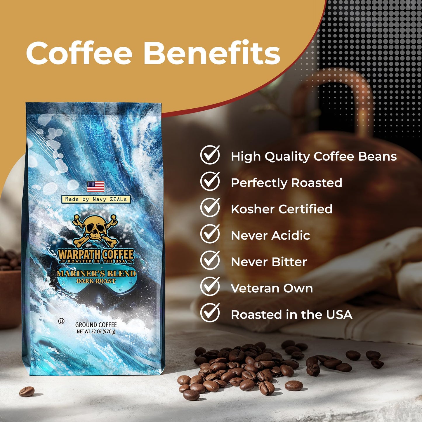 Warpath Coffee Dark Roast Ground Coffee  Mariners Blend  High Caffeine  Extra Strong Roasted 100% Arabica Coffee Ground Beans  Rich Aroma  Full-Bodied Intense Cup  Created by Navy SEALs  2lb